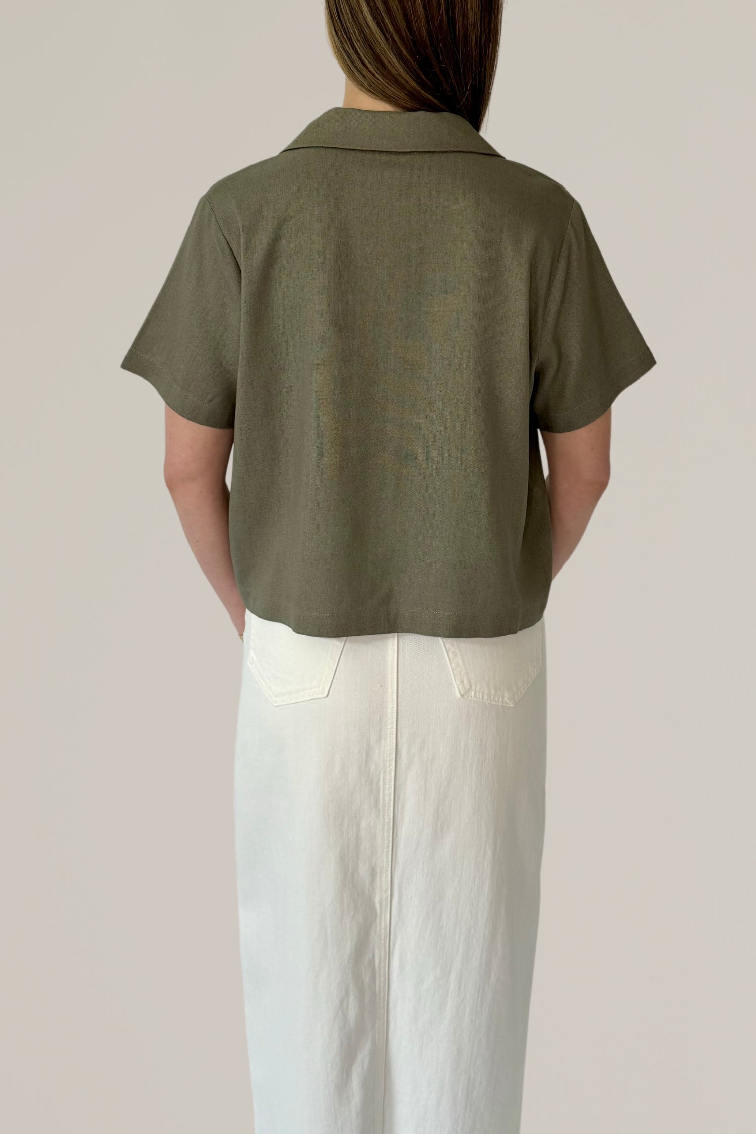 linen short sleeve tie front collared blouse