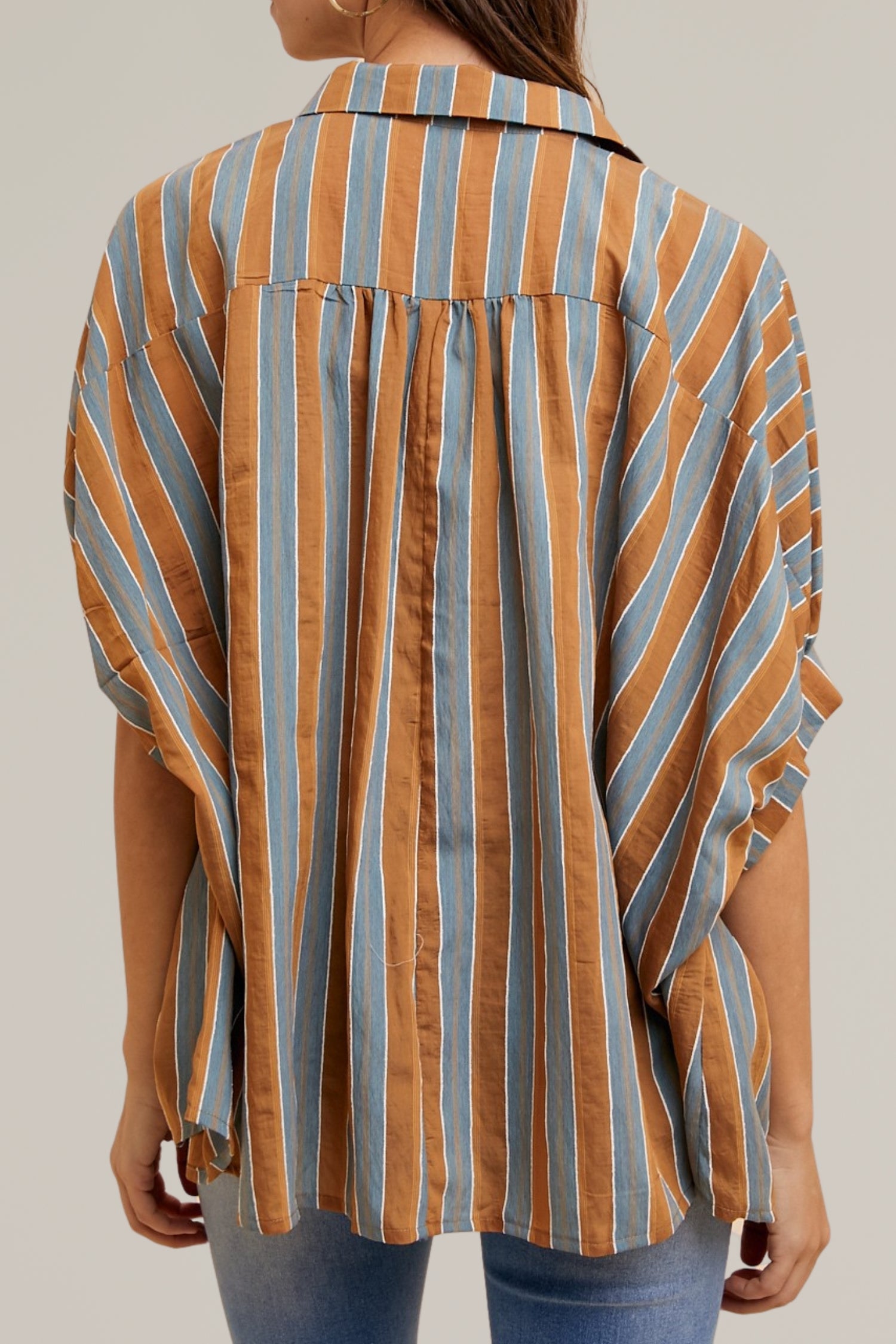 striped woven button down top