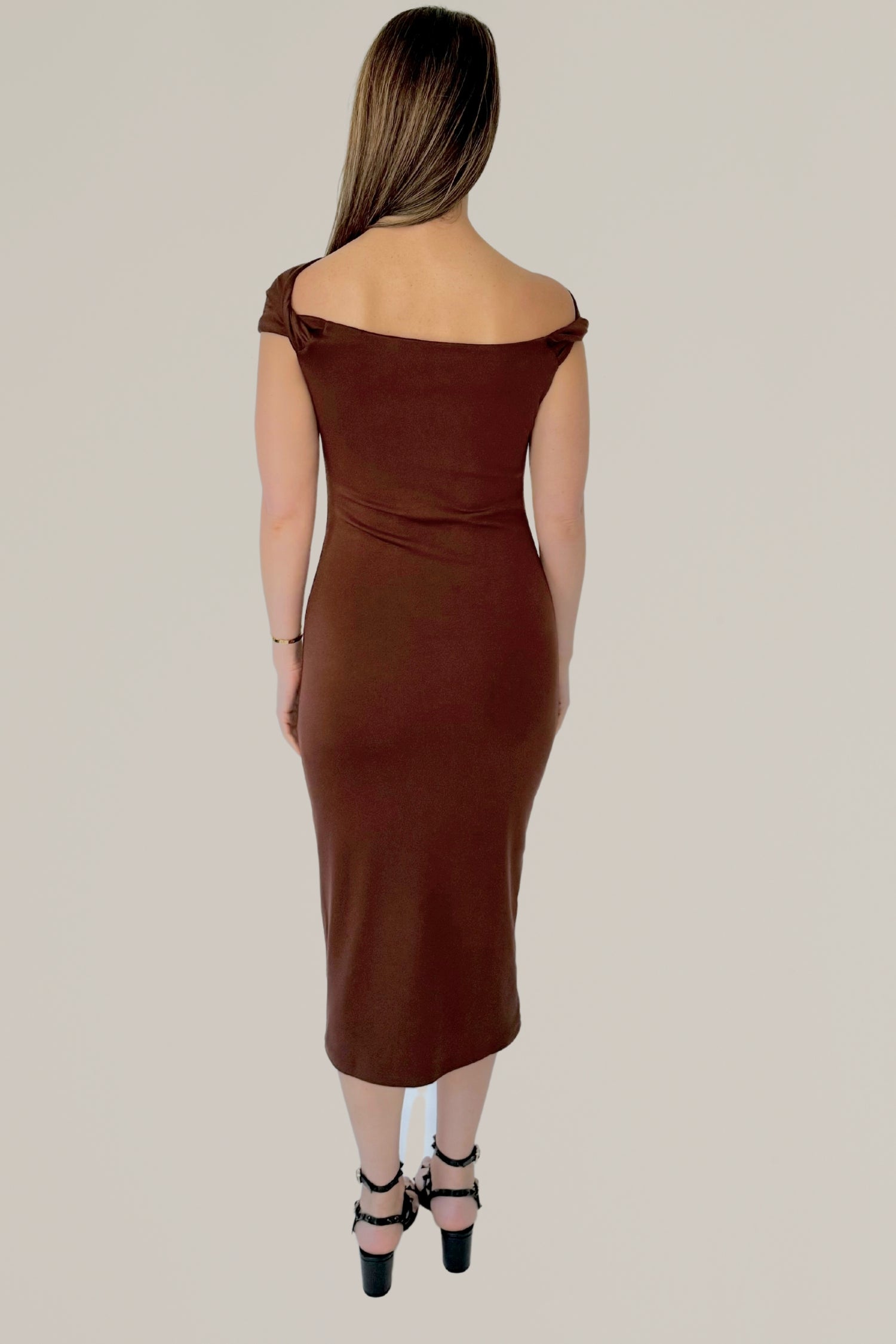 twist off shoulder midi dress