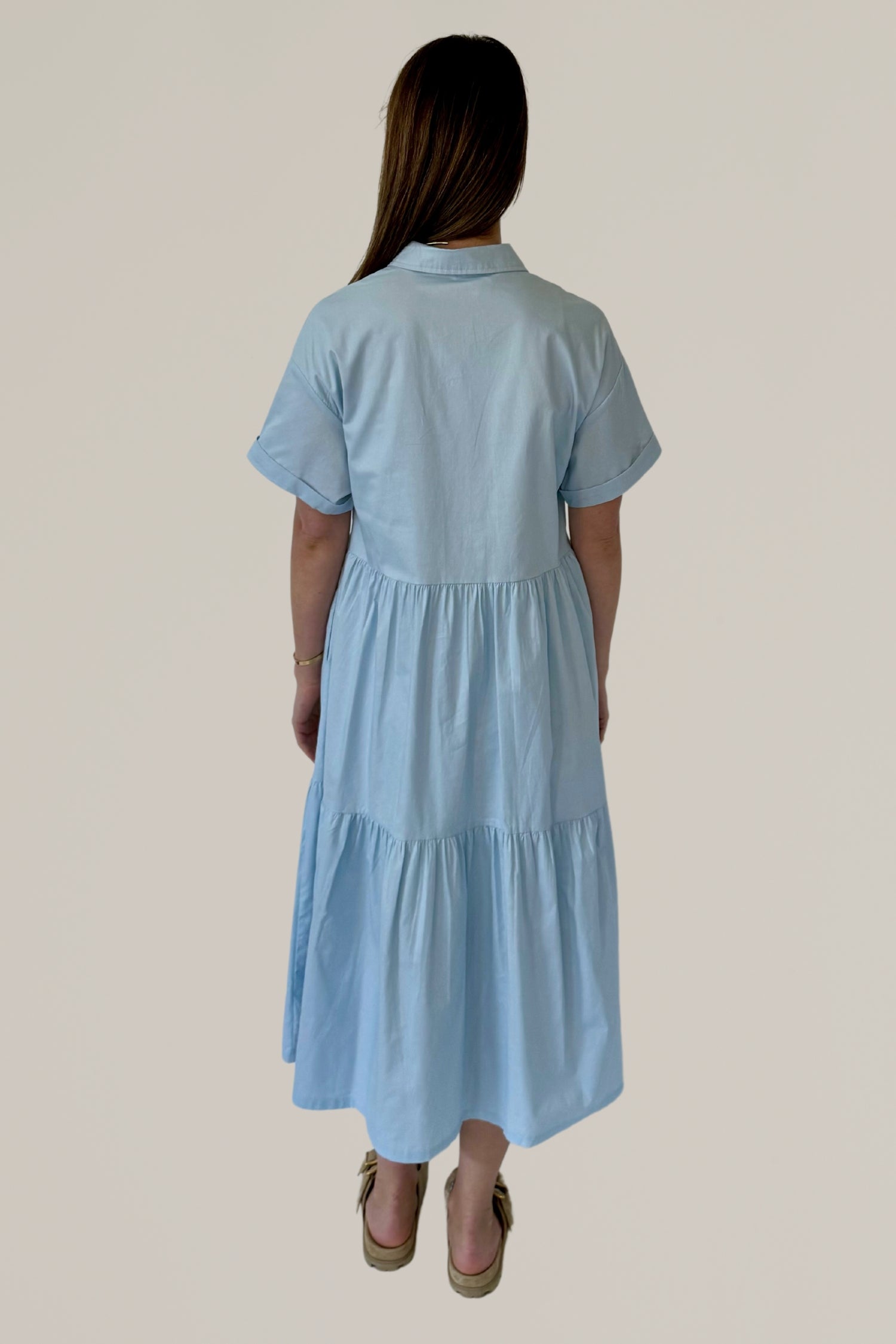 short sleeve button down tiered midi dress
