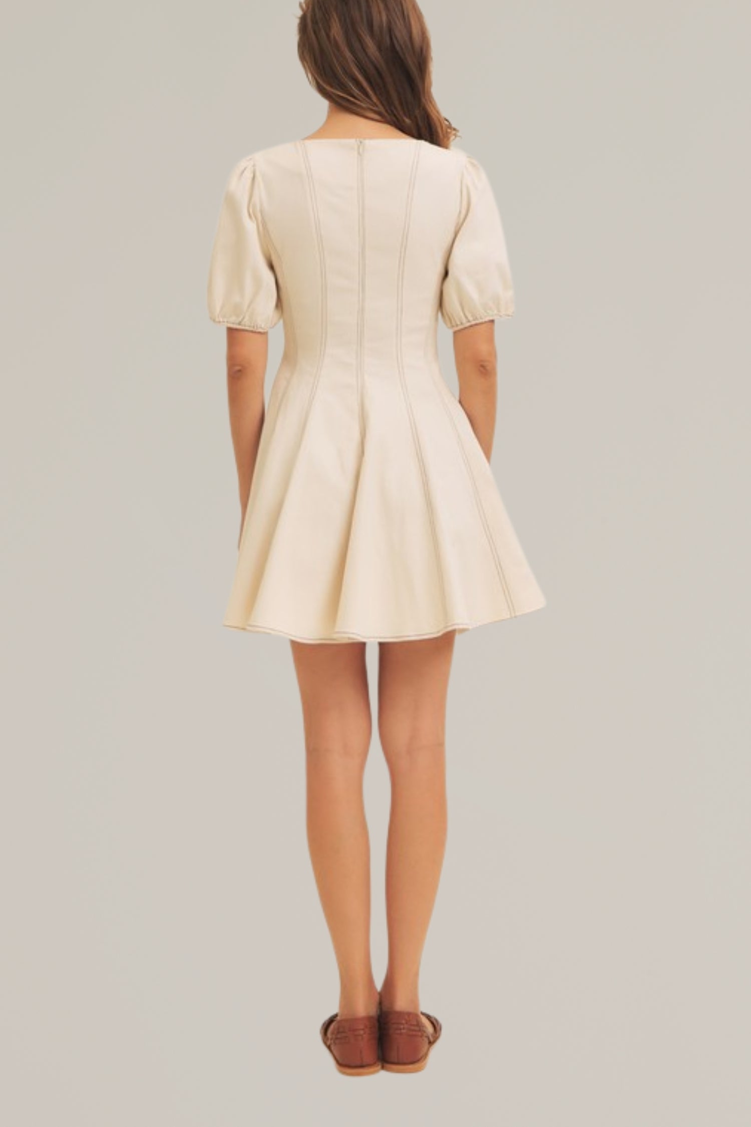 puff sleeve fit and flare denim mini dress