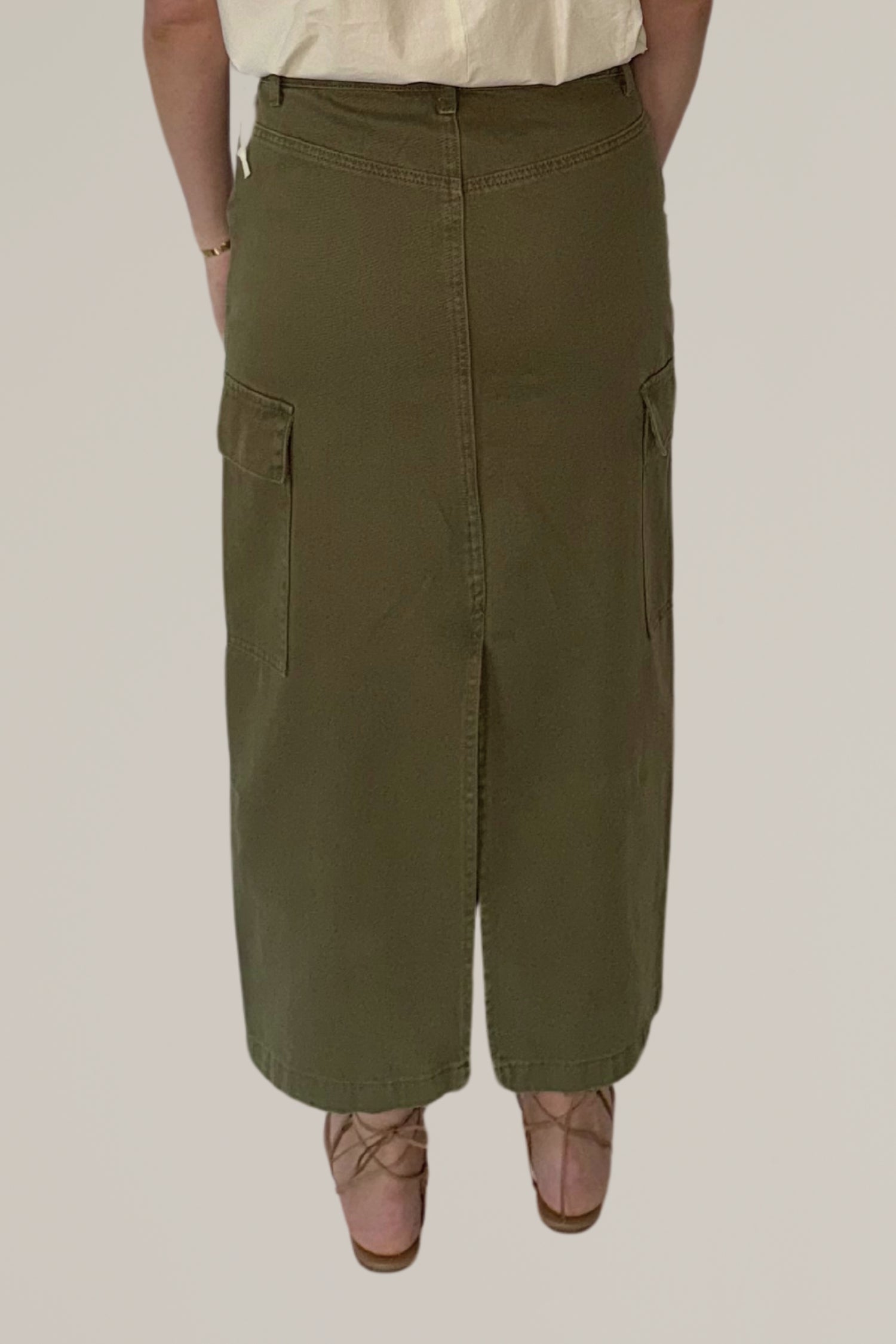 olive cargo midi skirt