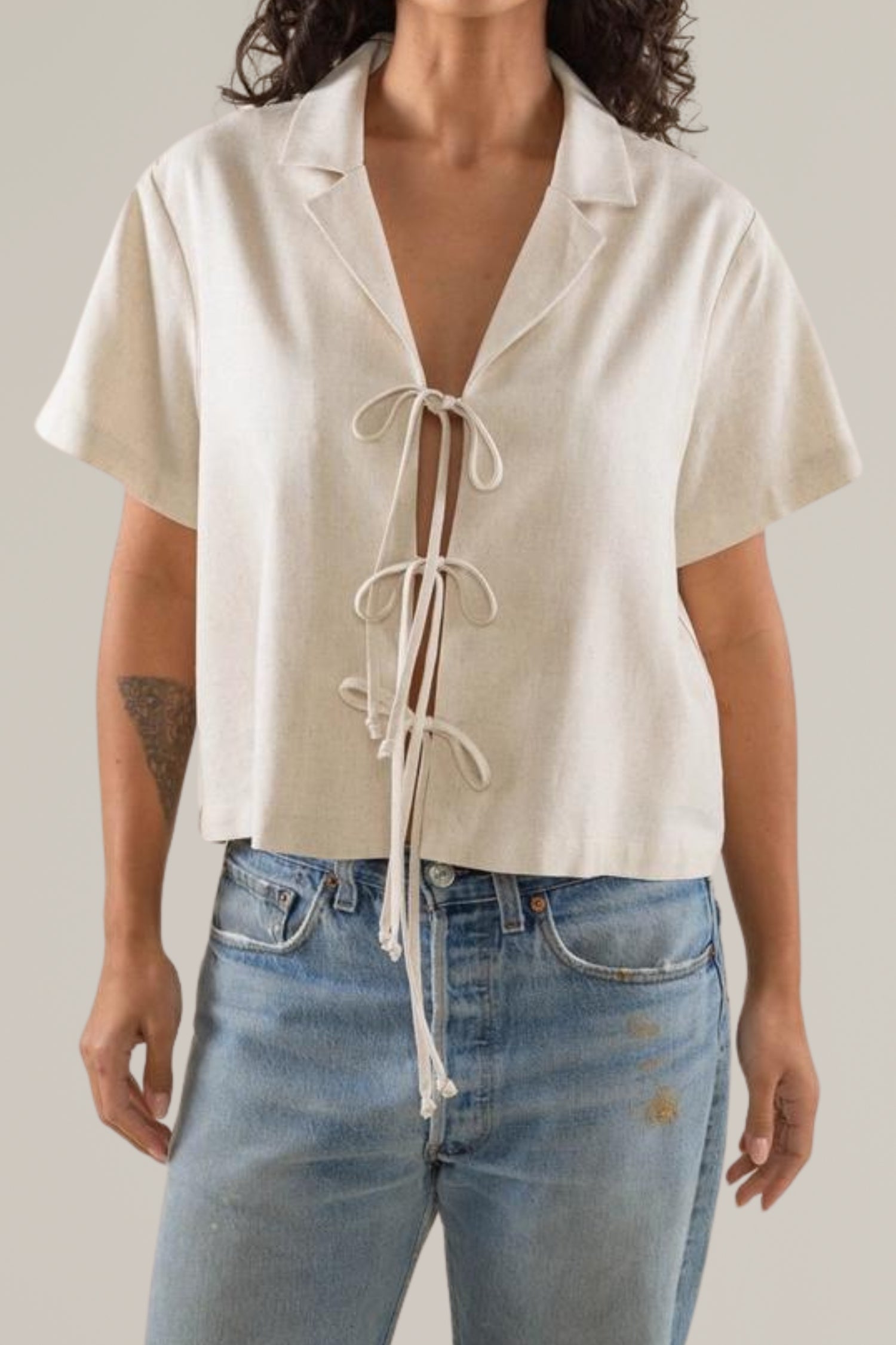 linen short sleeve tie front collared blouse