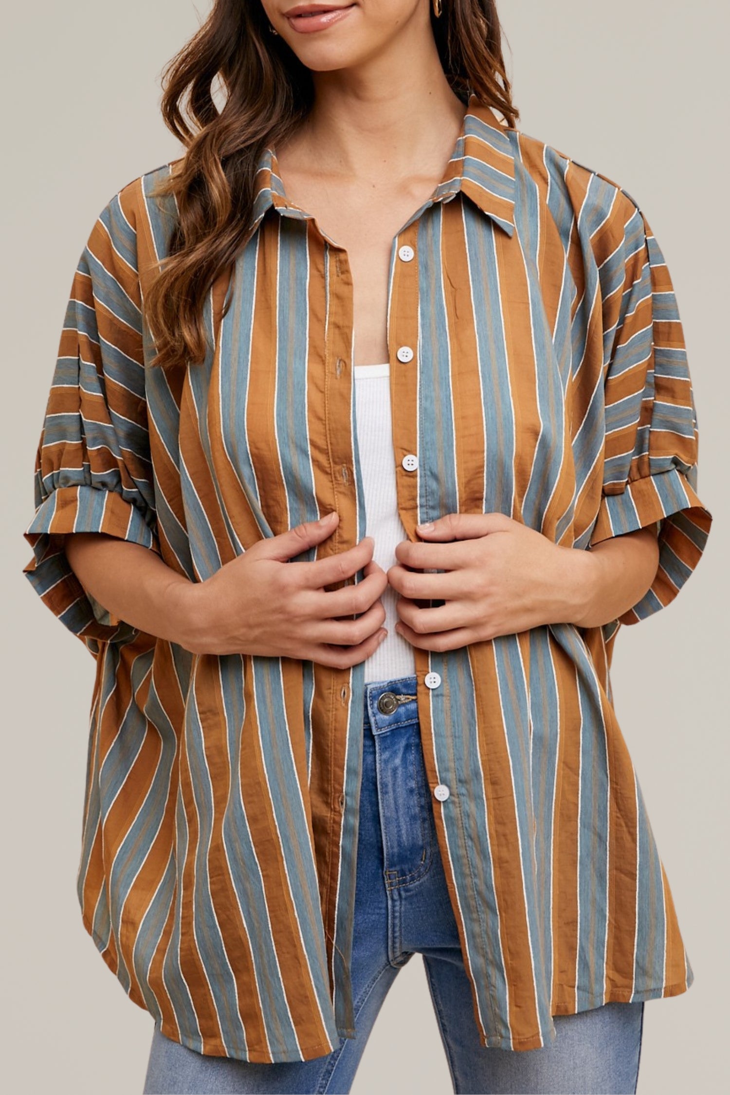 striped woven button down top
