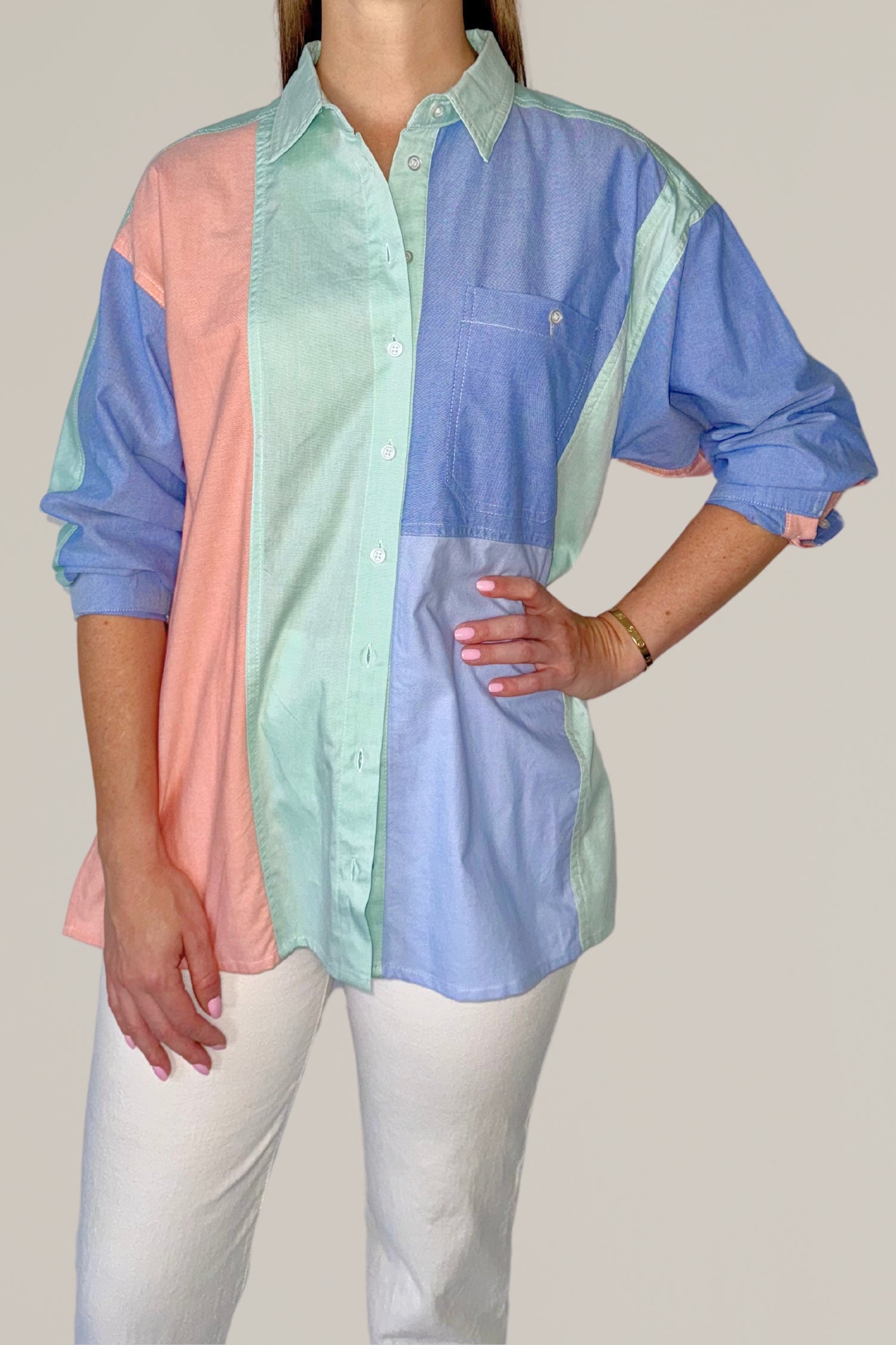 color block button down shirt