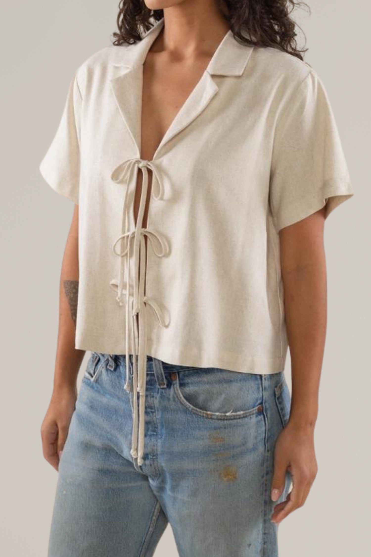linen short sleeve tie front collared blouse