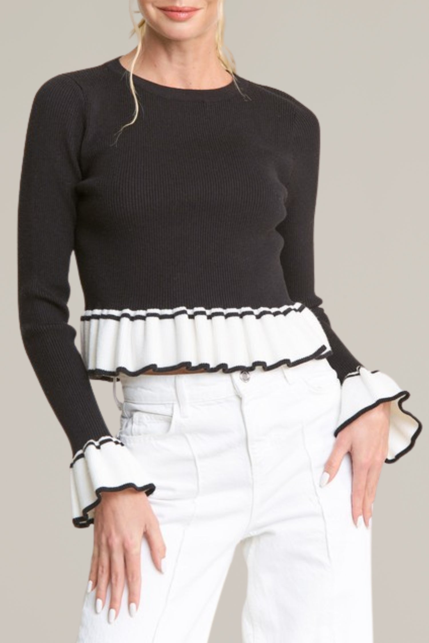 bell sleeve color block sweater