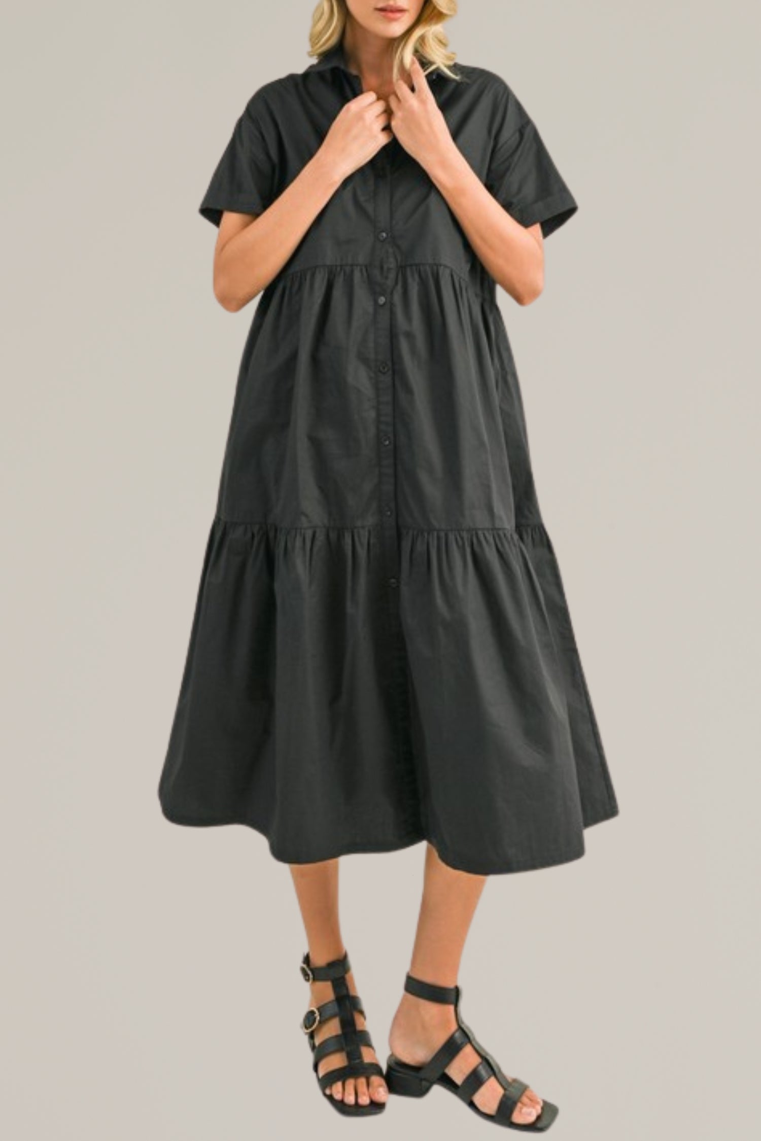 short sleeve button down tiered midi dress