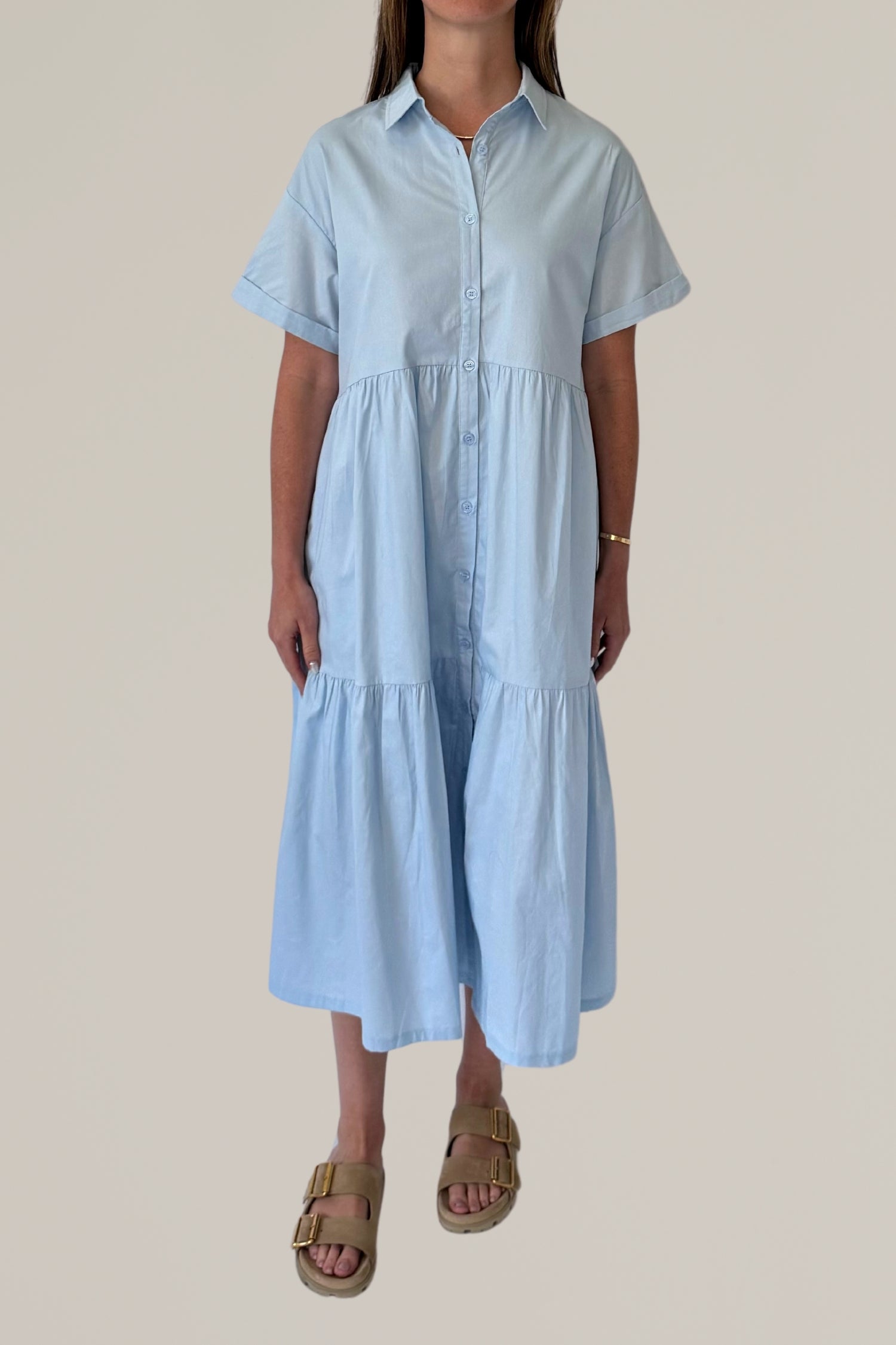 short sleeve button down tiered midi dress