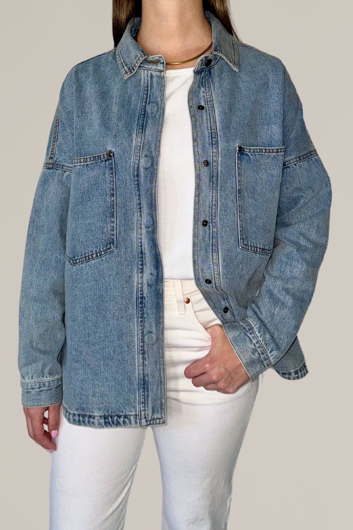 denim shacket with front pockets