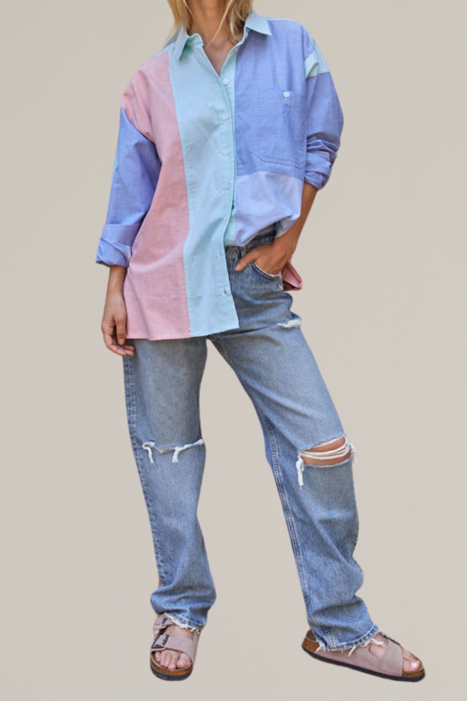 color block button down shirt