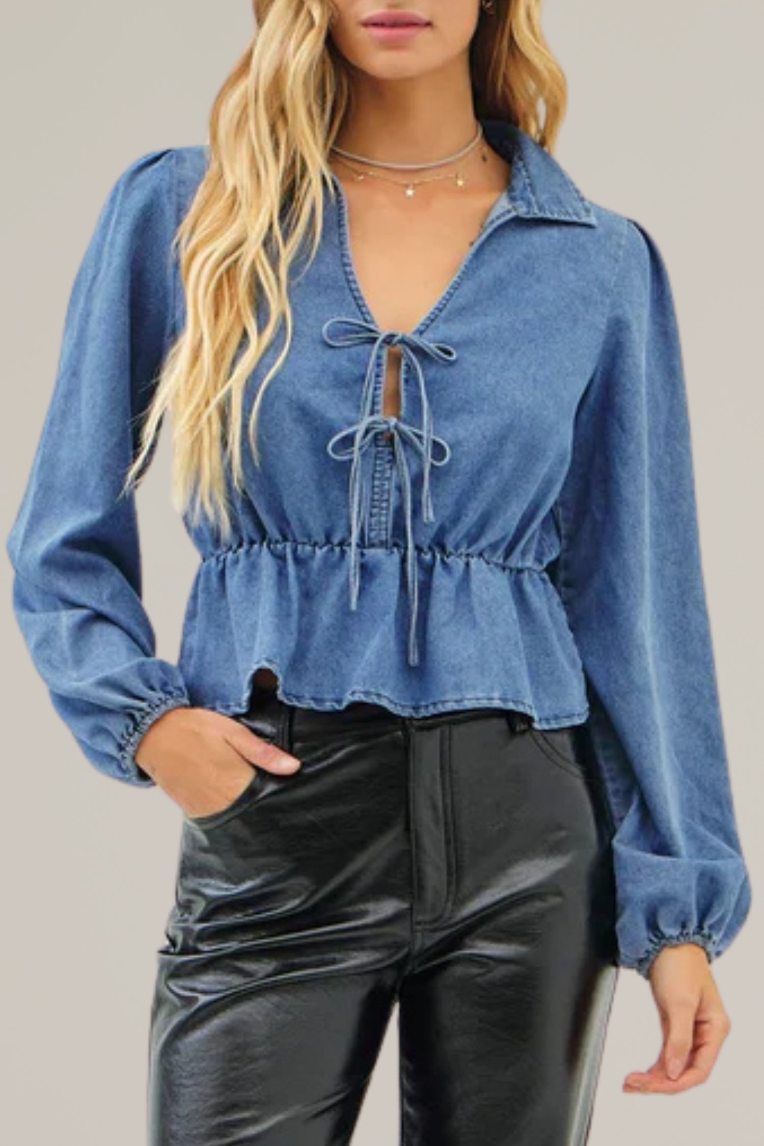 washed cotton denim double tie front long sleeve top