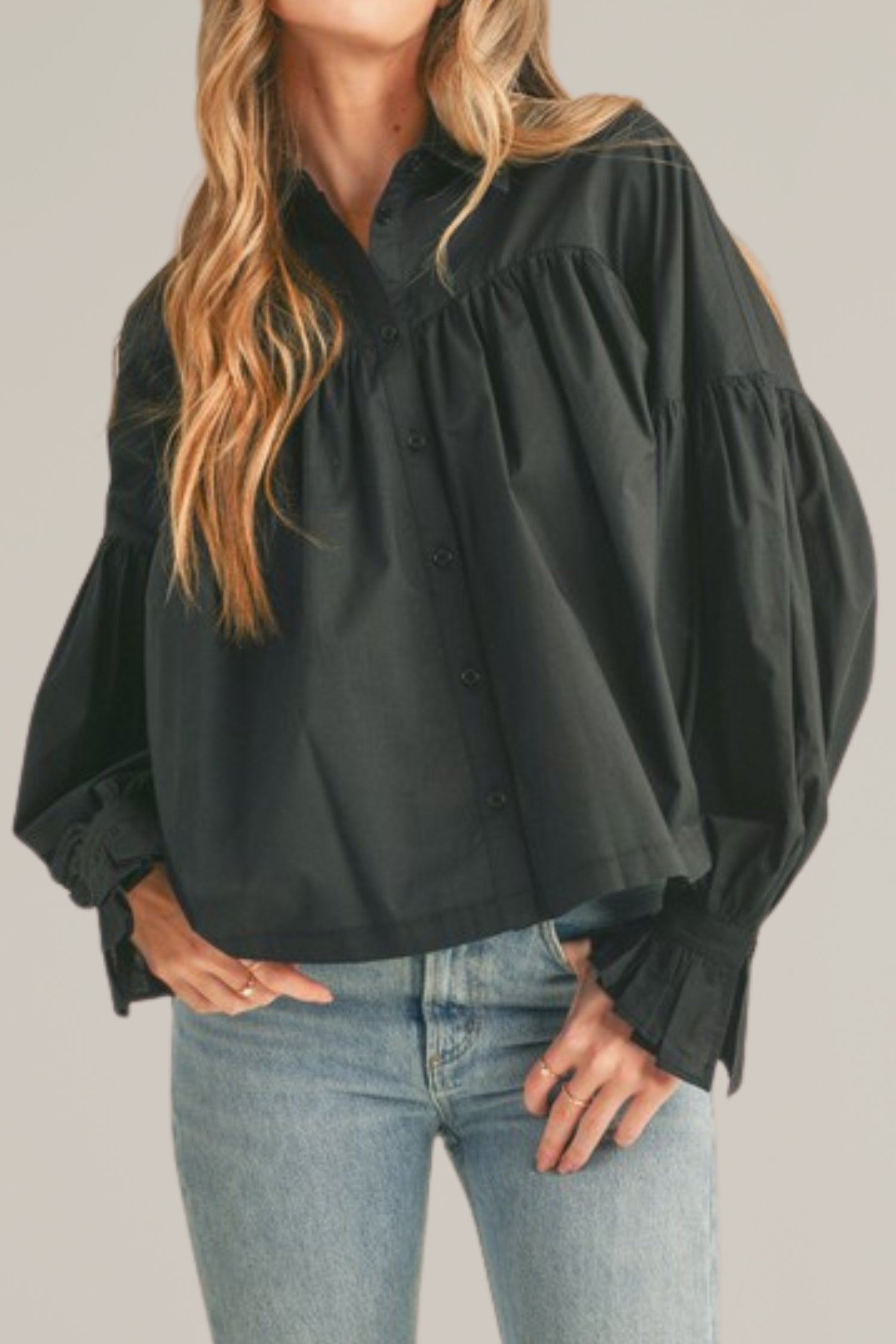 black button down babydoll top