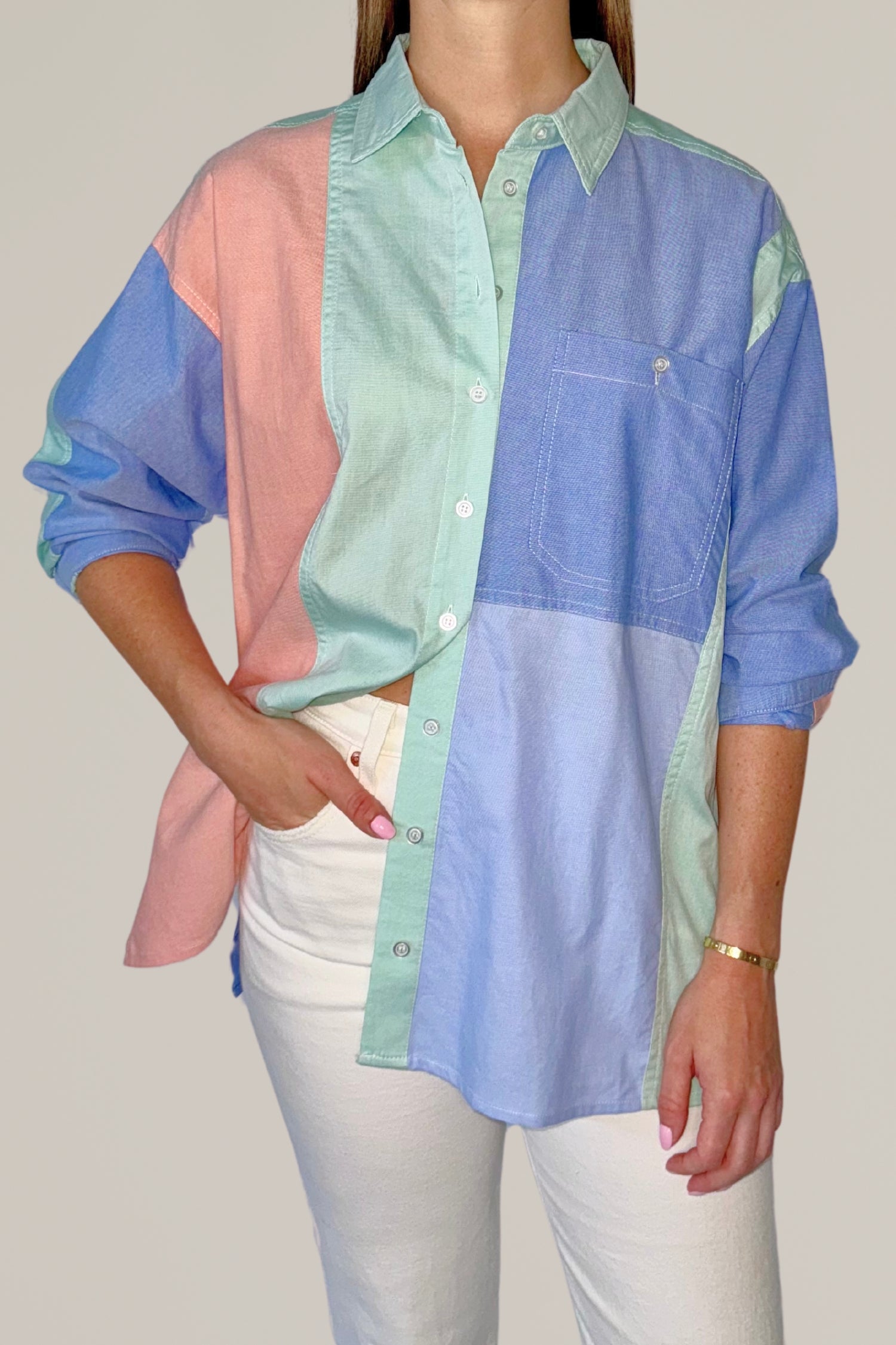 color block button down shirt