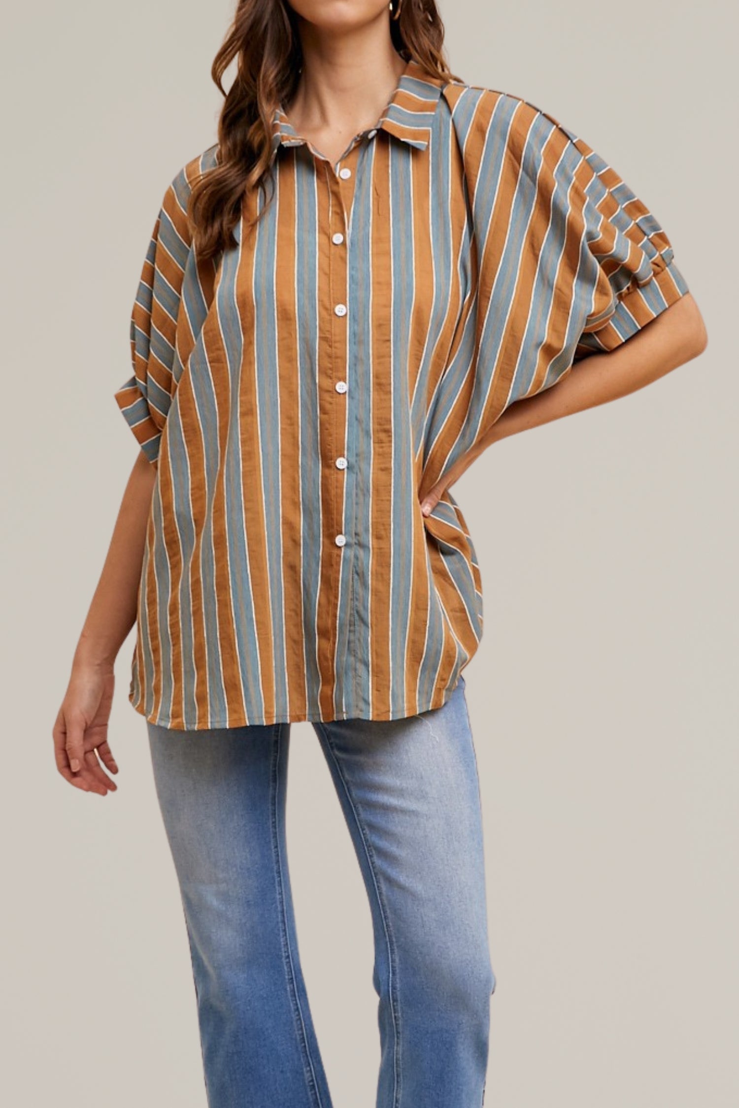 striped woven button down top