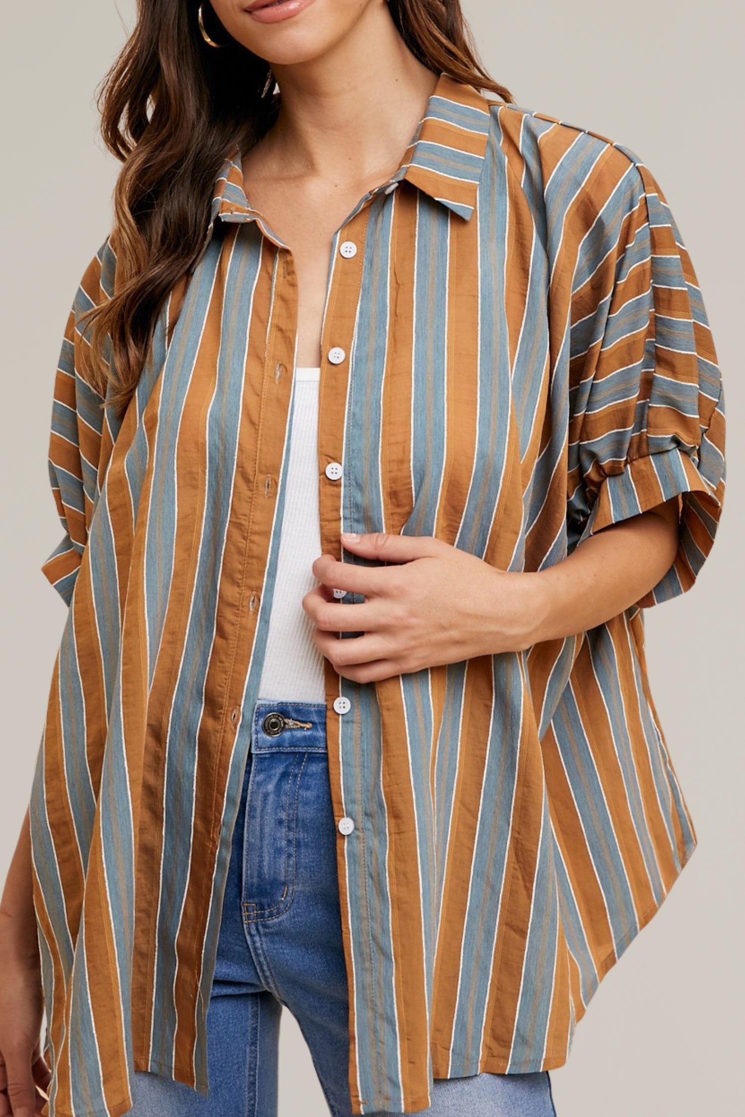 striped woven button down top