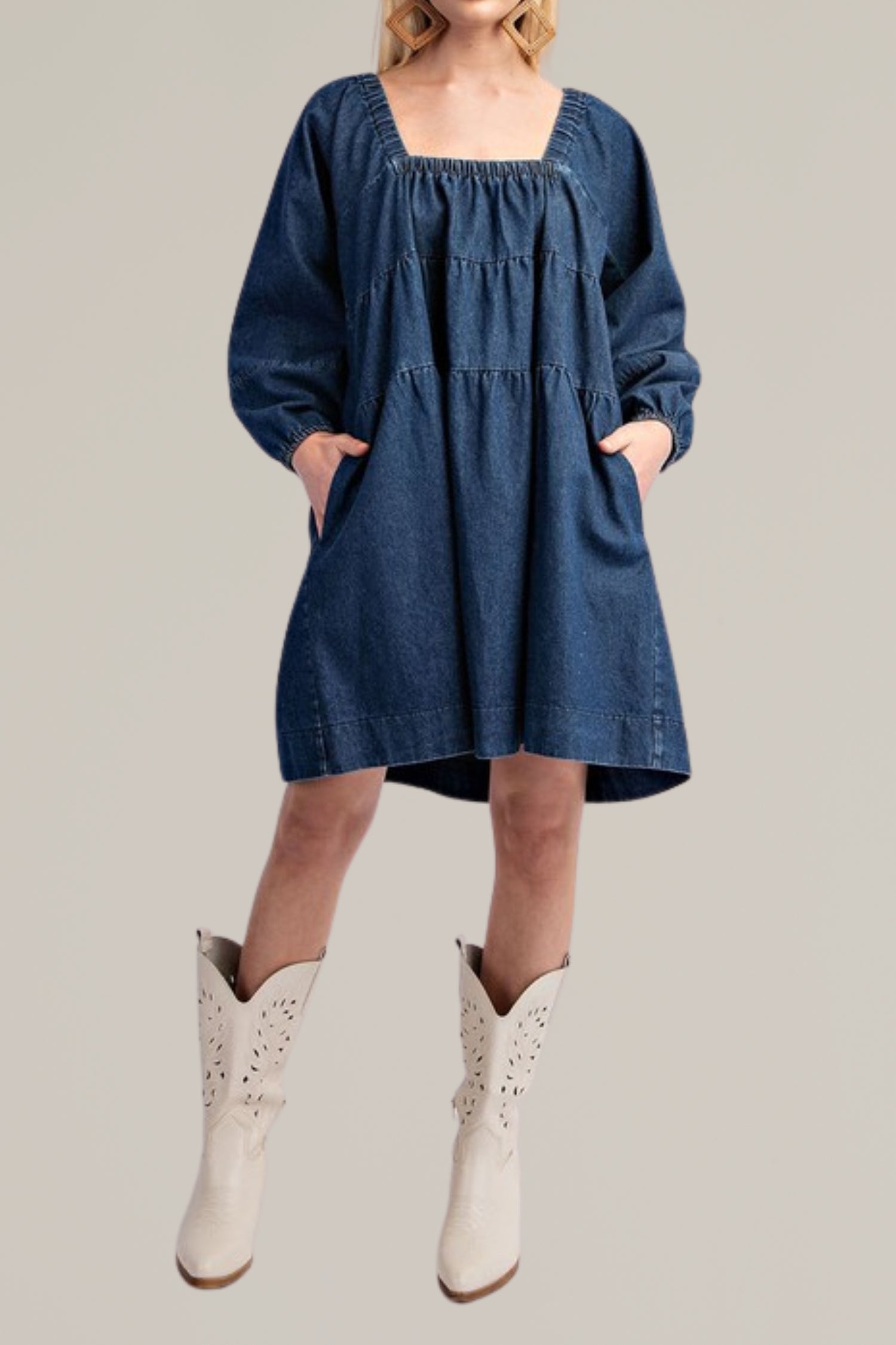 tiered denim long sleeve dress