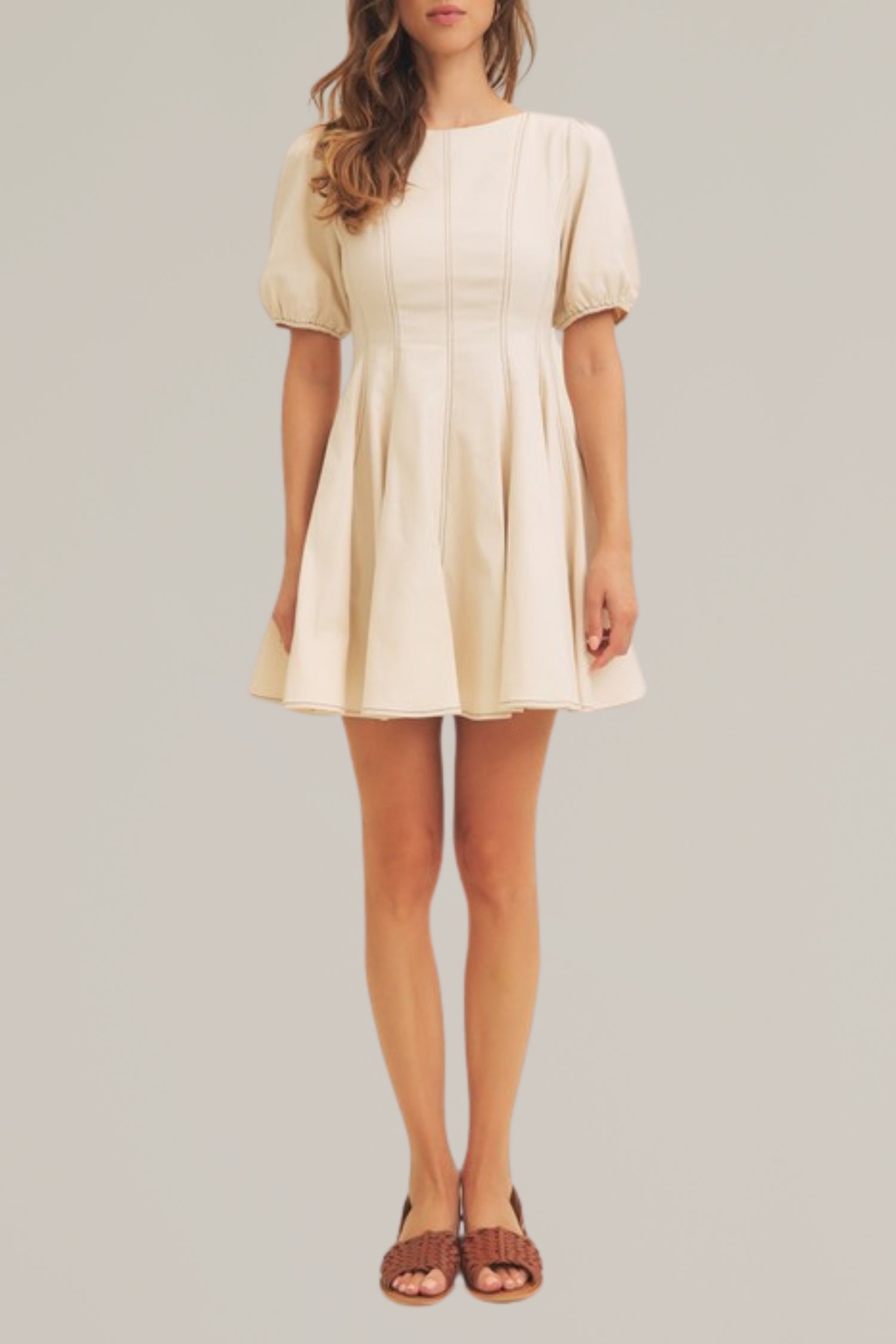 puff sleeve fit and flare denim mini dress