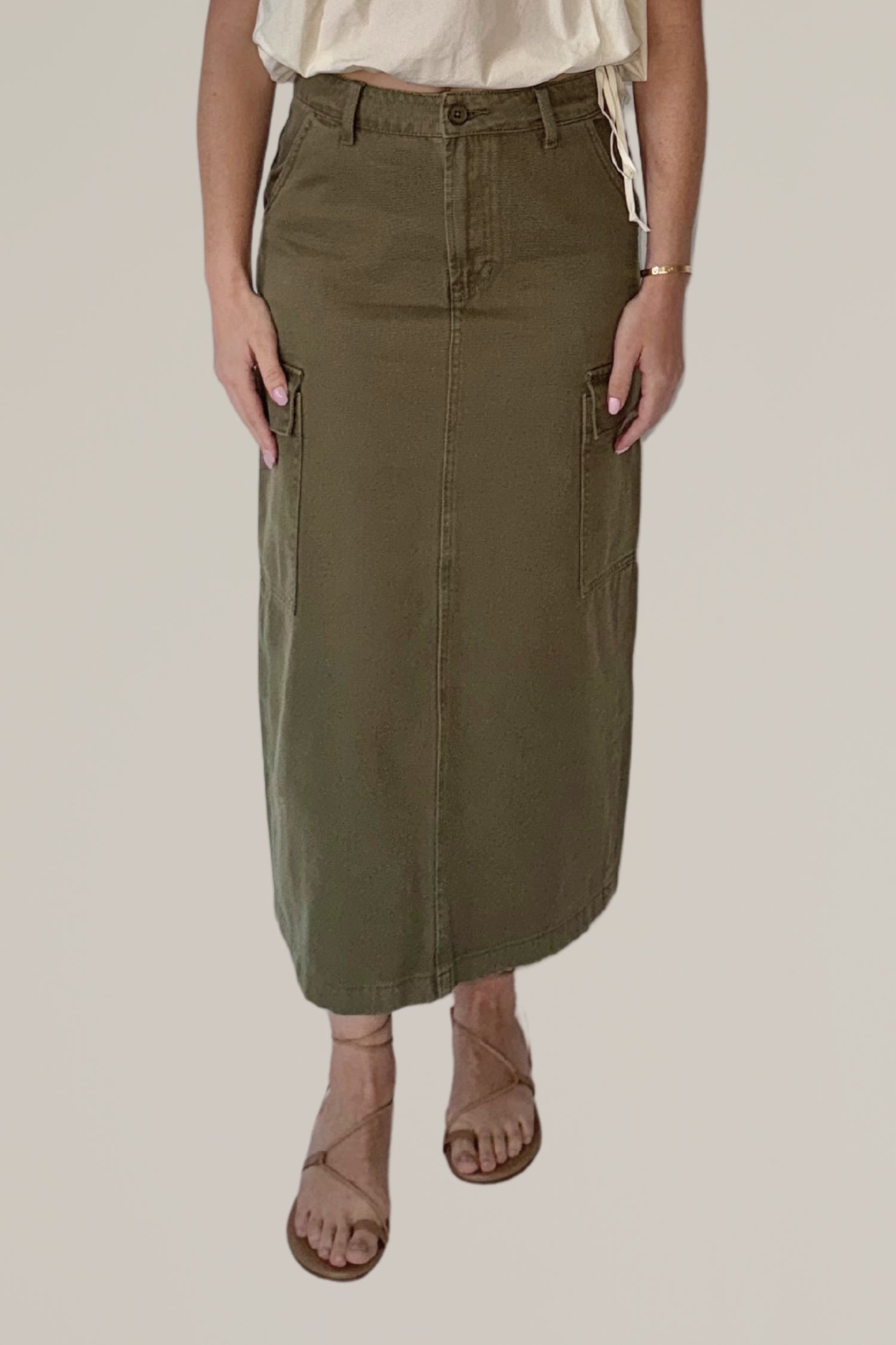 olive cargo midi skirt
