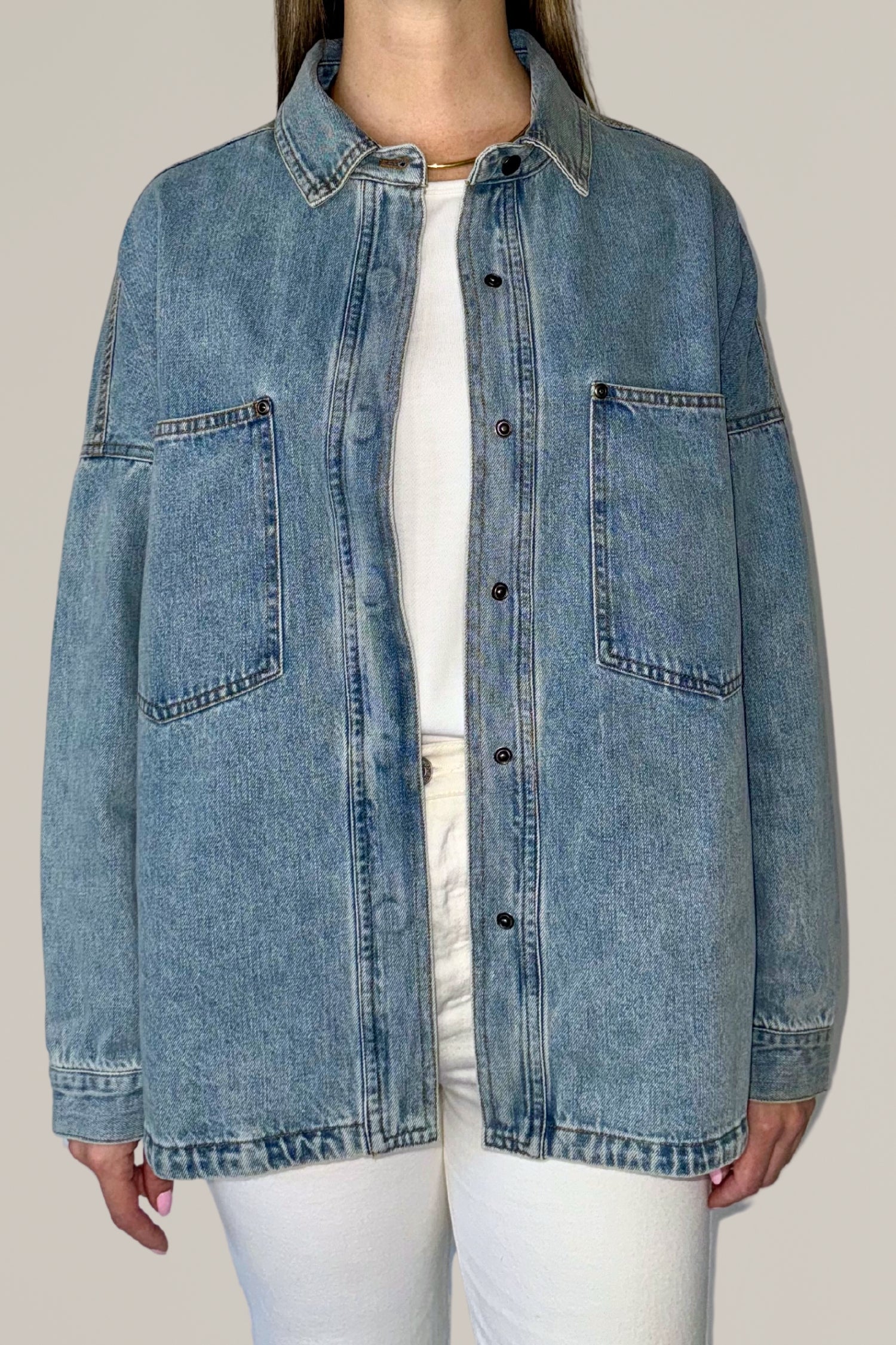 denim shacket with front pockets