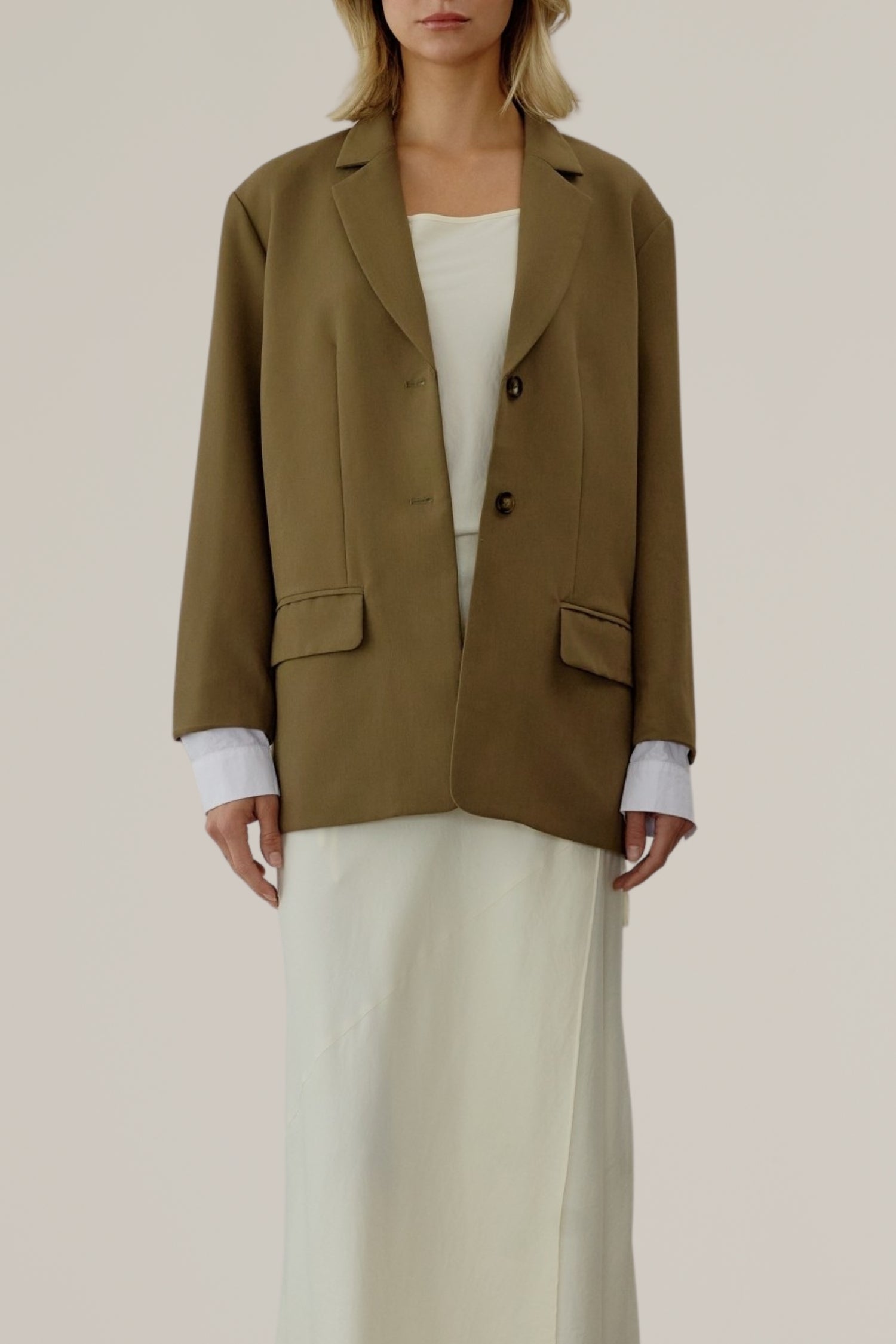 classic two button front blazer with contrasting sleeve