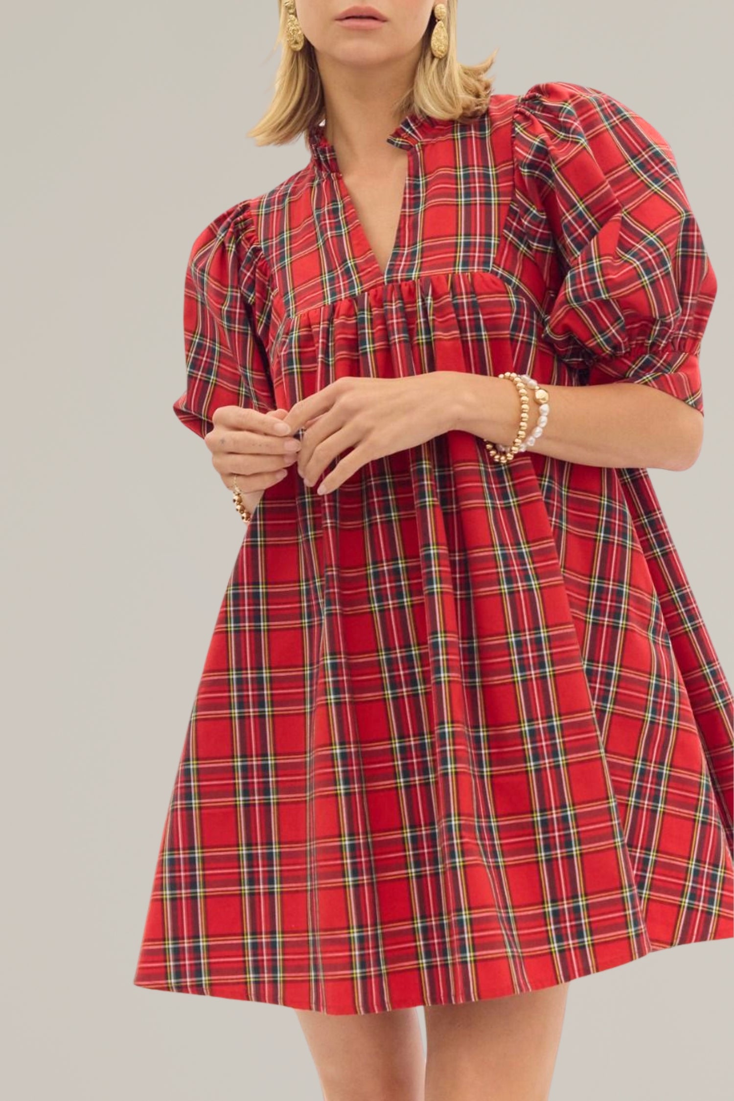 plaid puff sleeve holiday dress