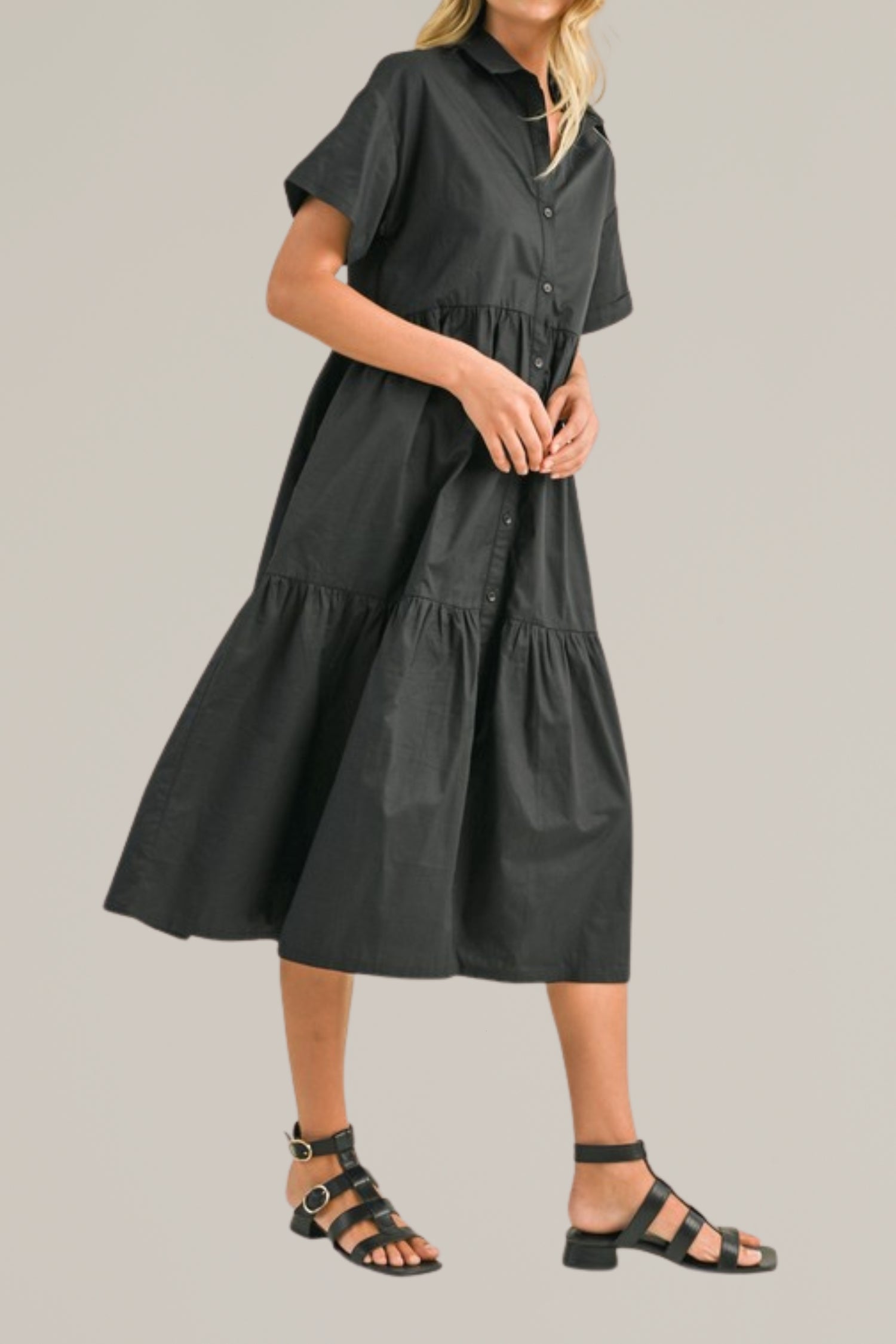 short sleeve button down tiered midi dress