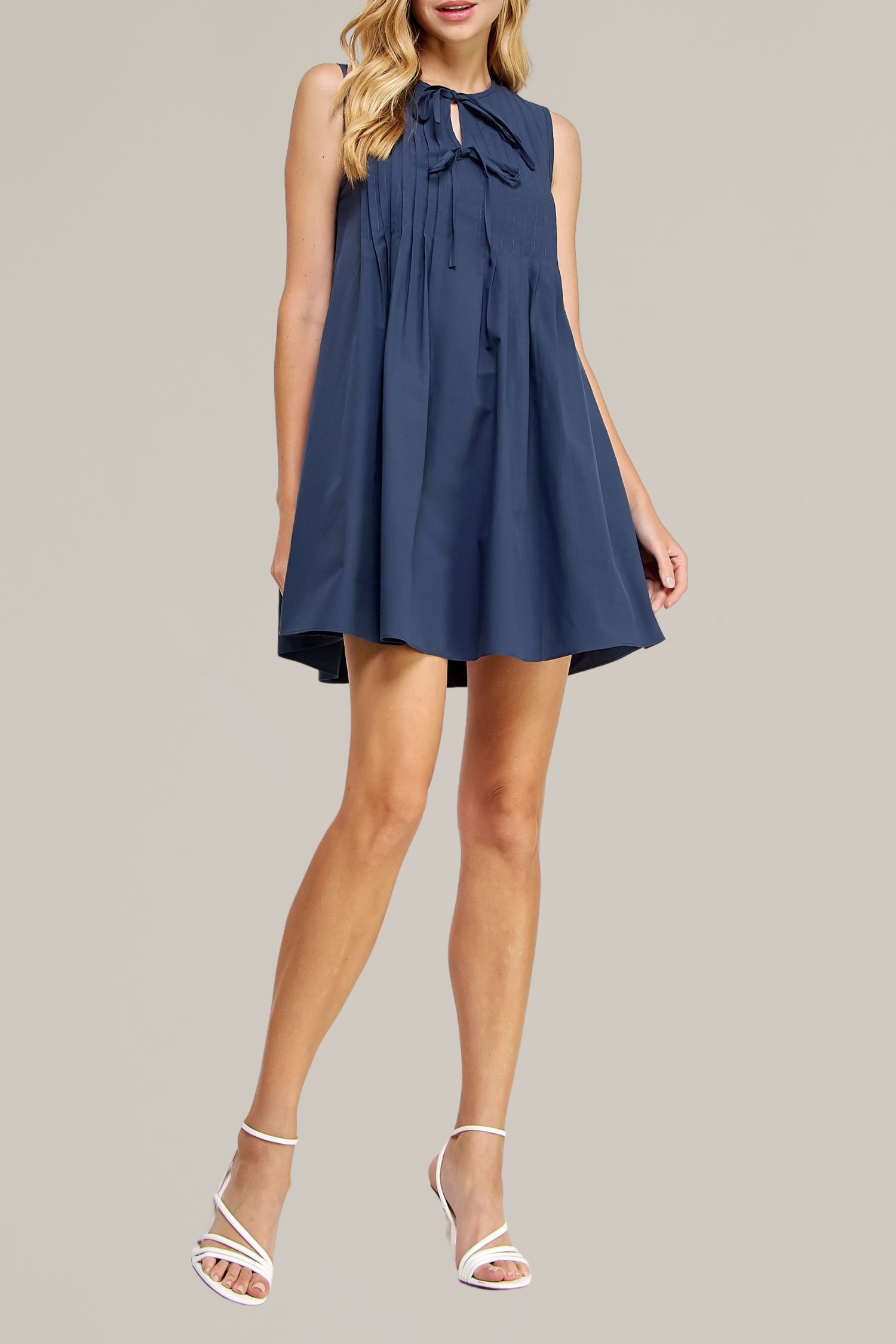 pintuck tie front poplin mini dress