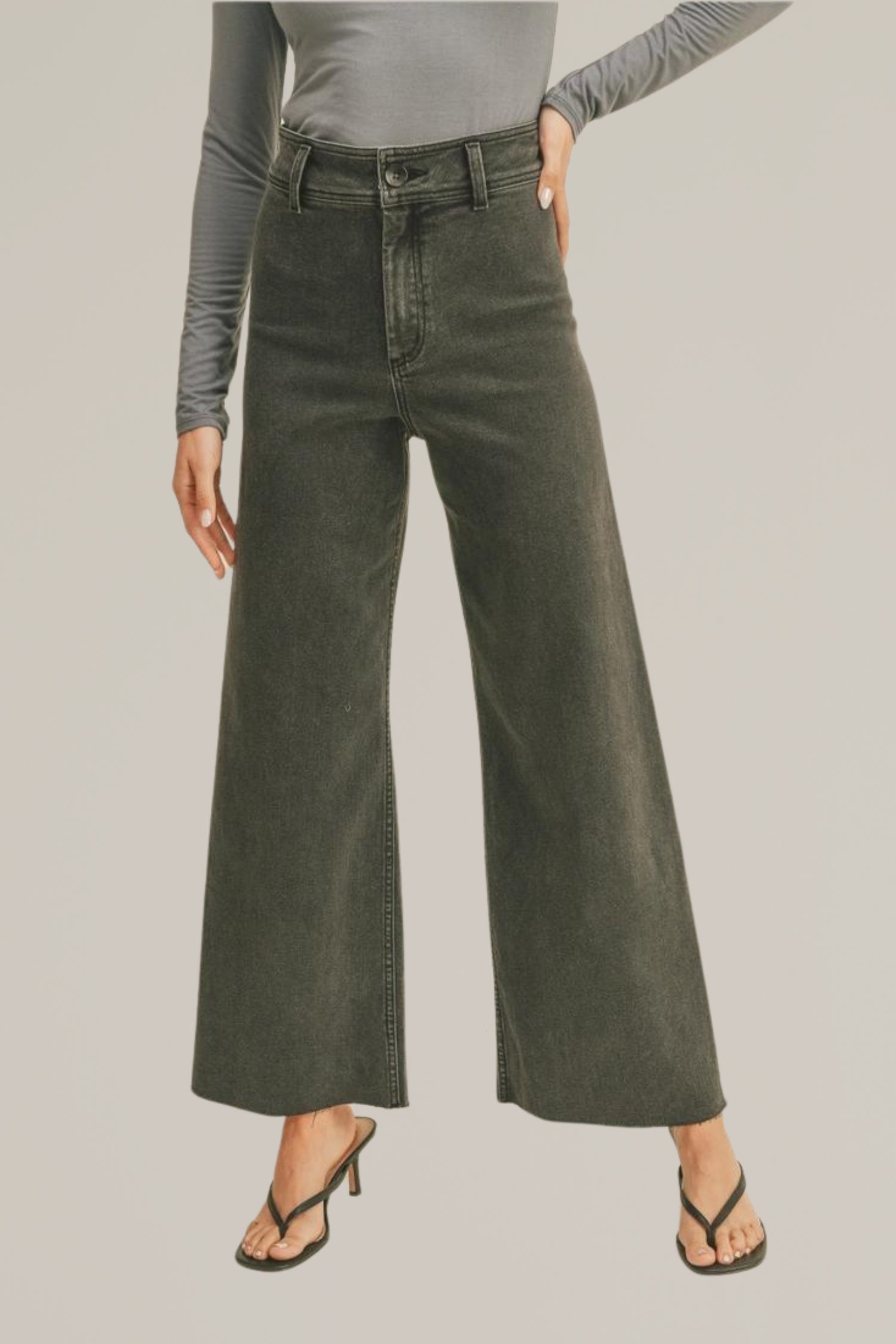 washed black wide leg cut off denim