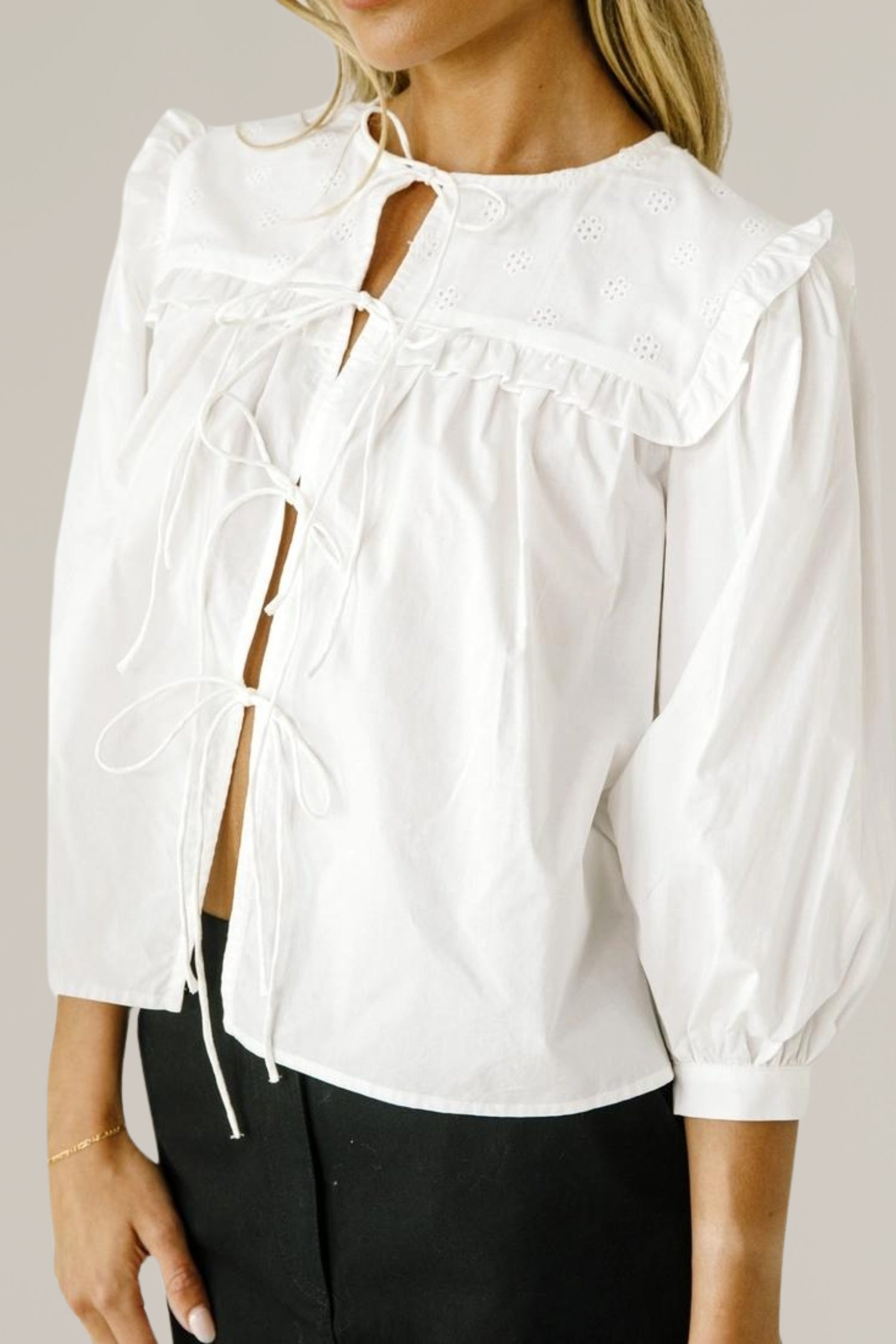 eyelet tie front blouse
