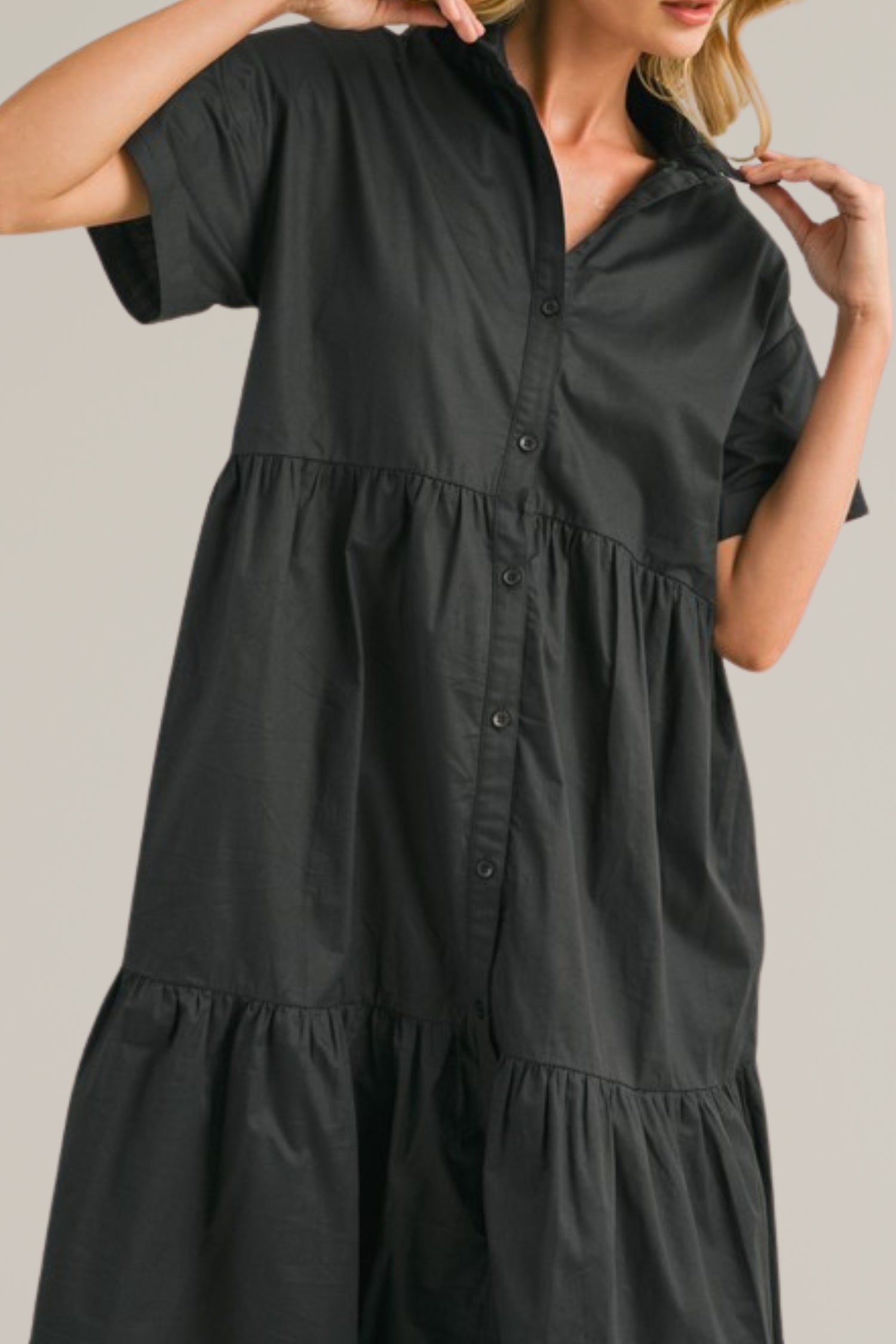 short sleeve button down tiered midi dress