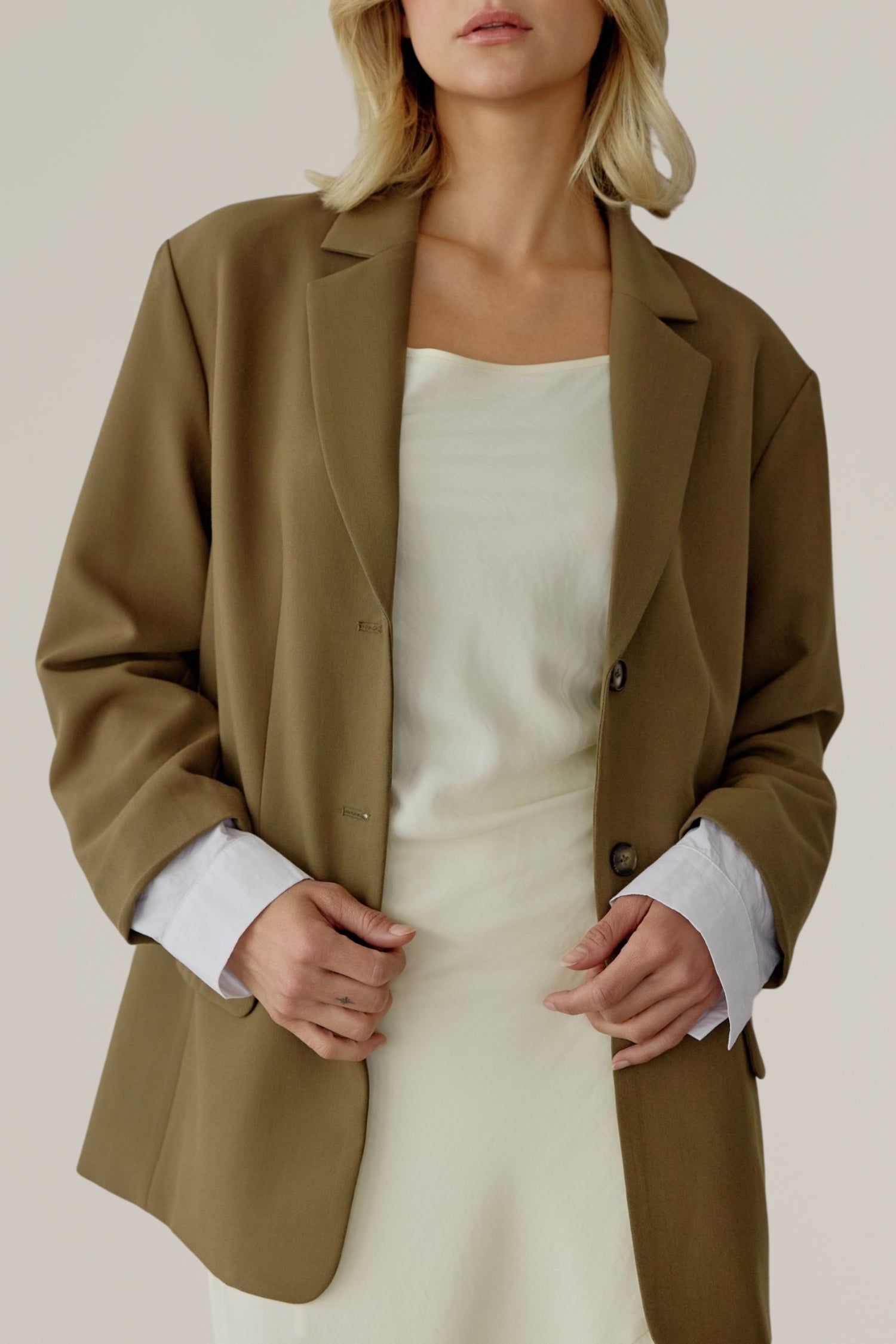 classic two button front blazer with contrasting sleeve