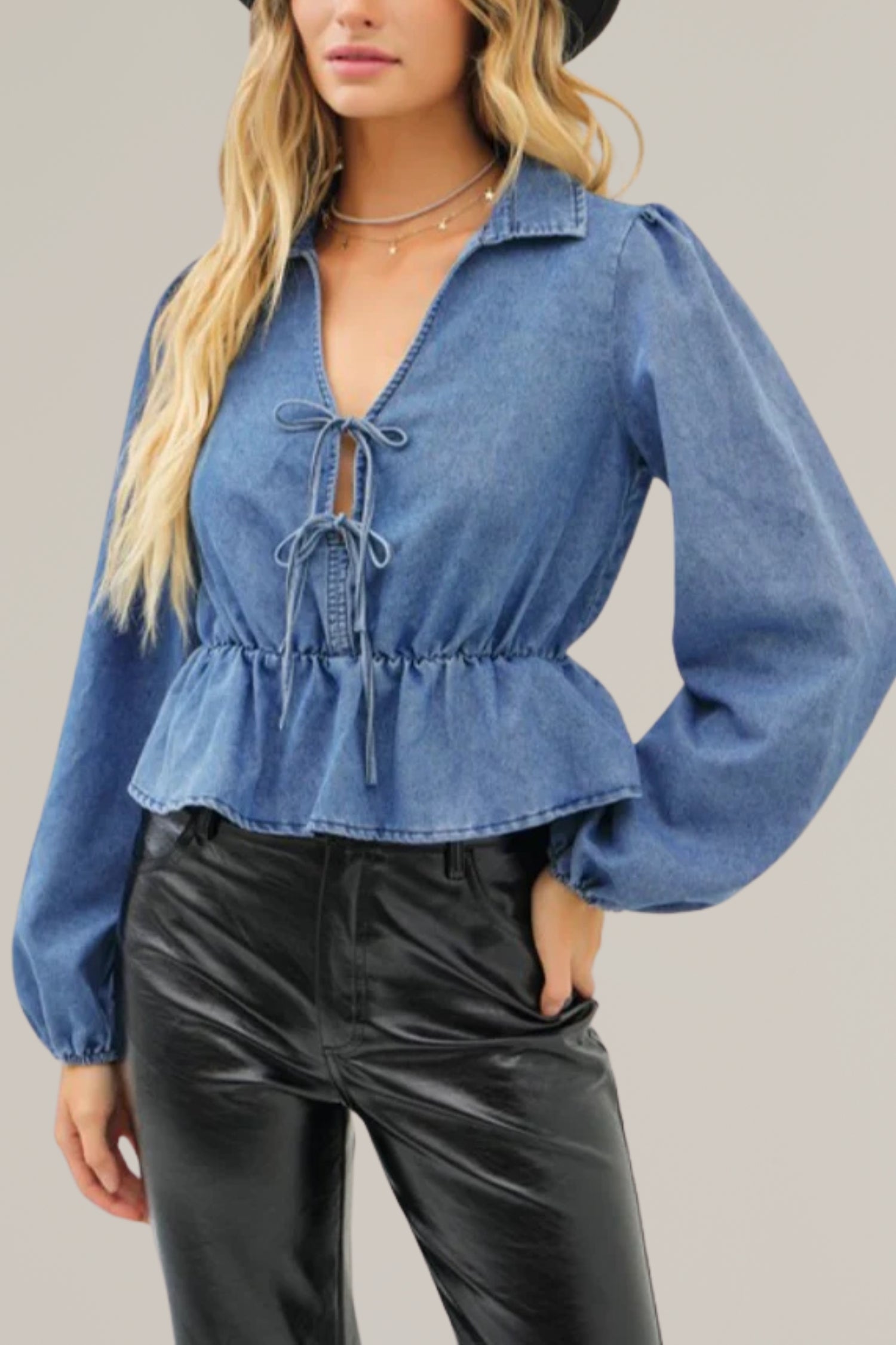 washed cotton denim double tie front long sleeve top