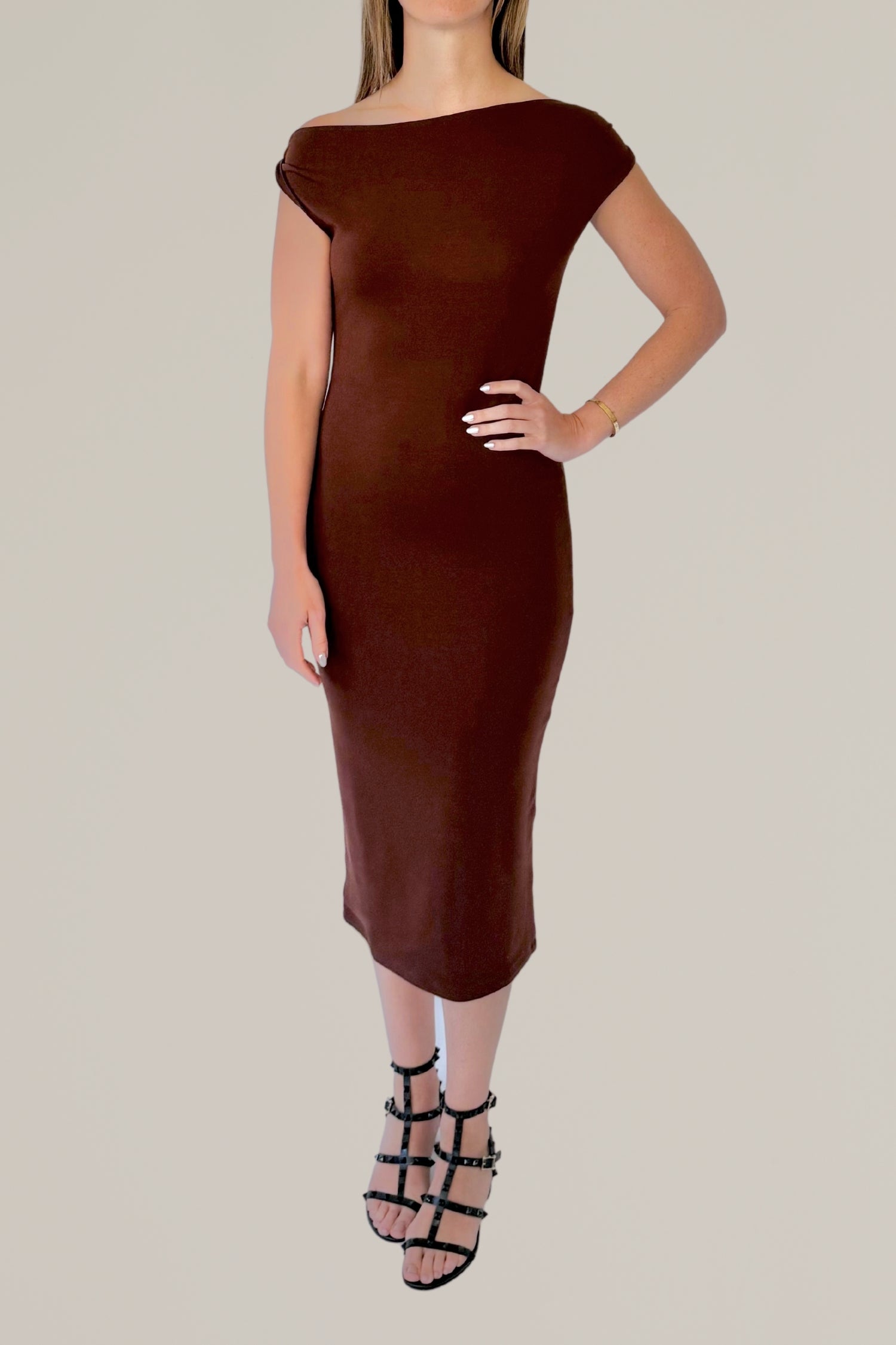twist off shoulder midi dress