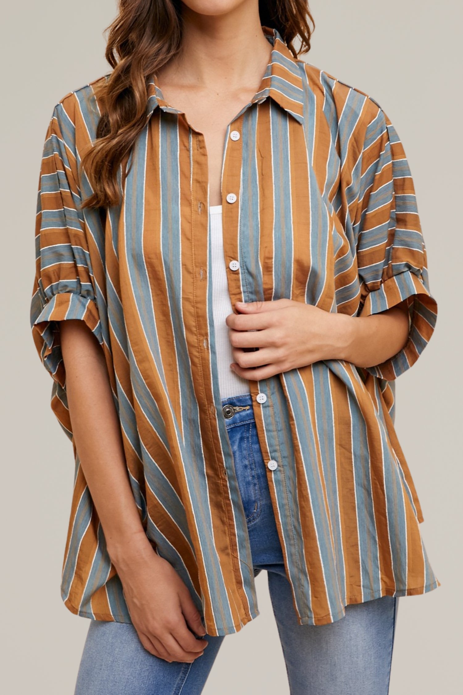 striped woven button down top