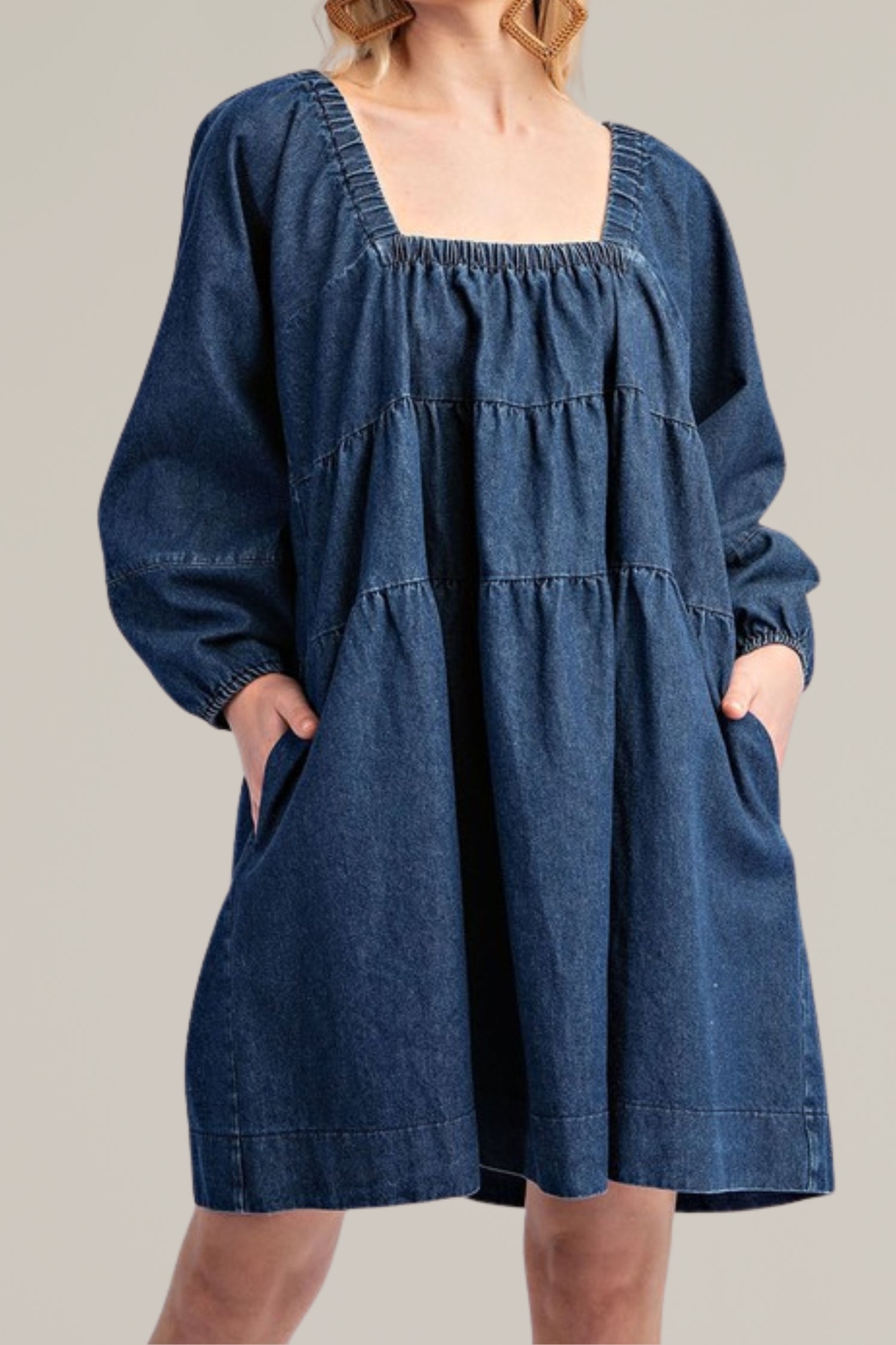tiered denim long sleeve dress