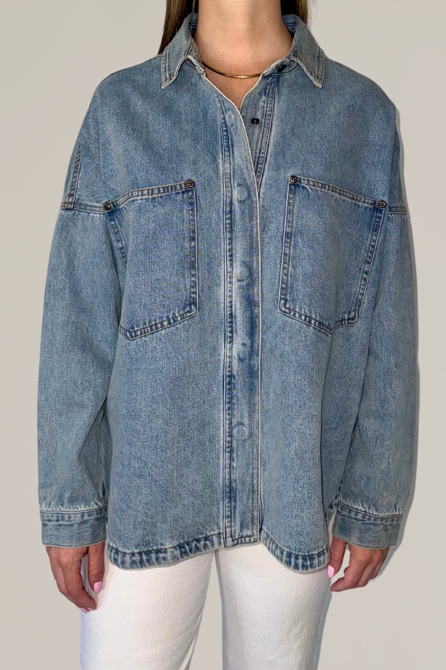 denim shacket with front pockets