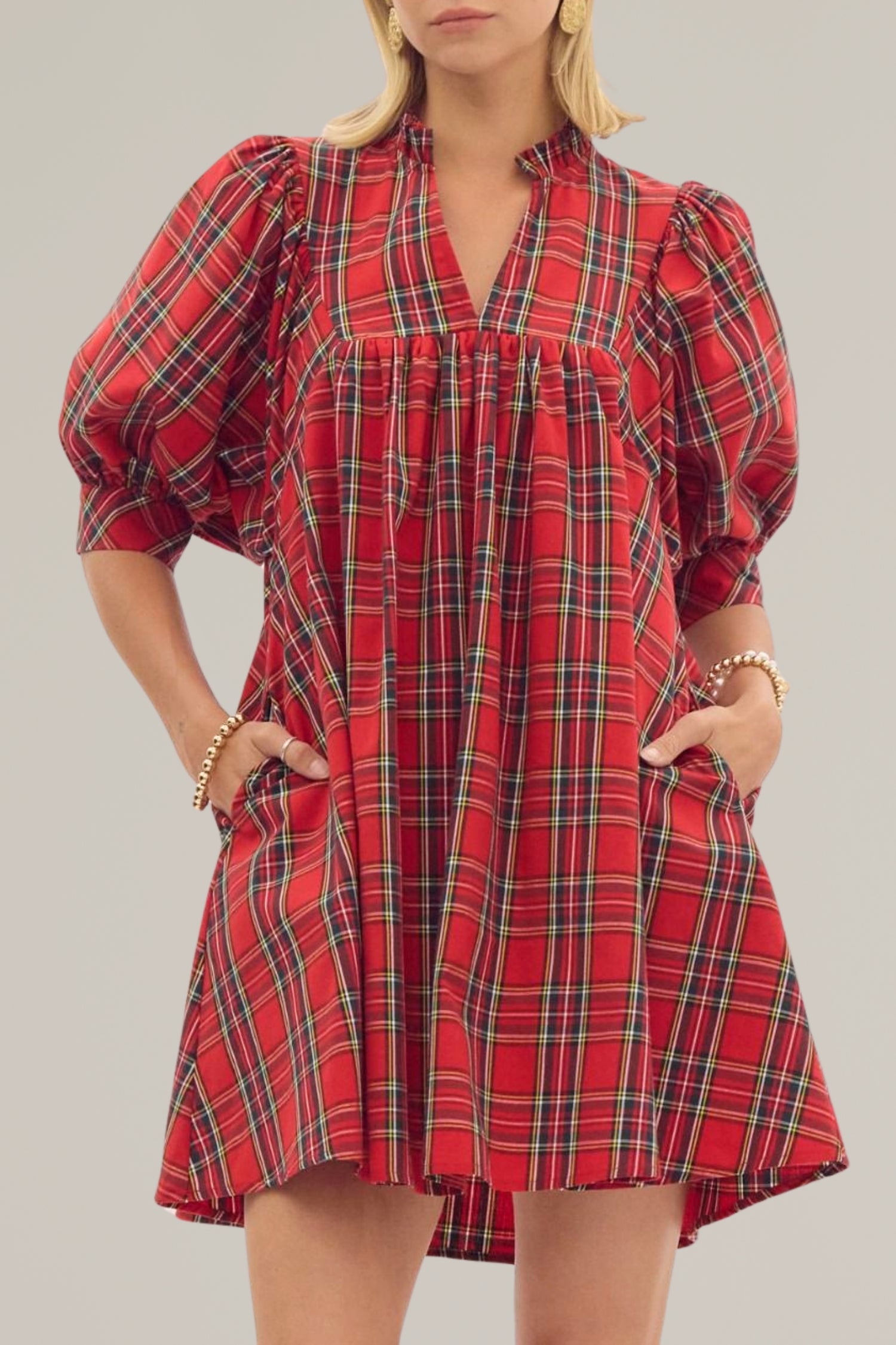 plaid puff sleeve holiday dress