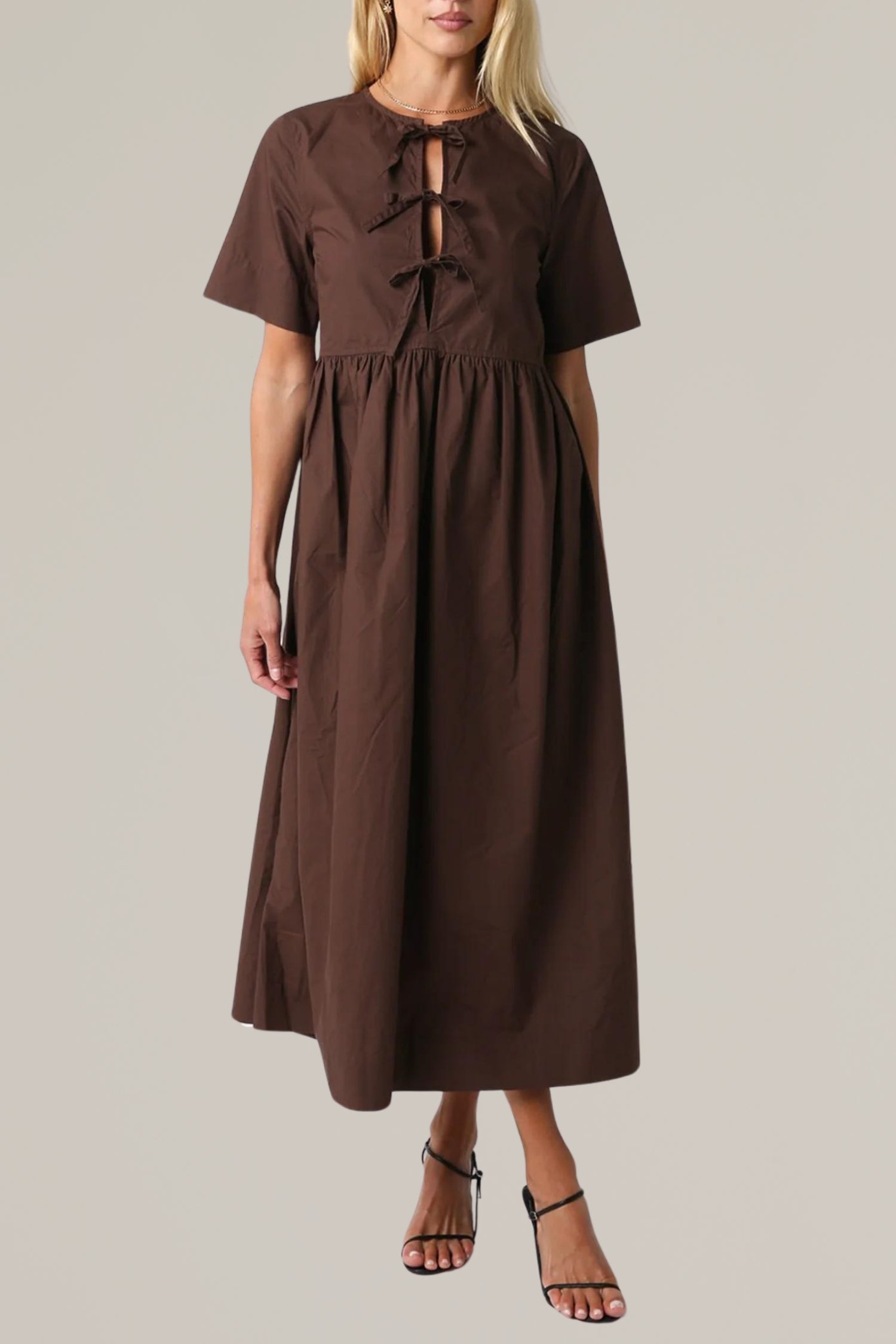short sleeve tie front midi dress