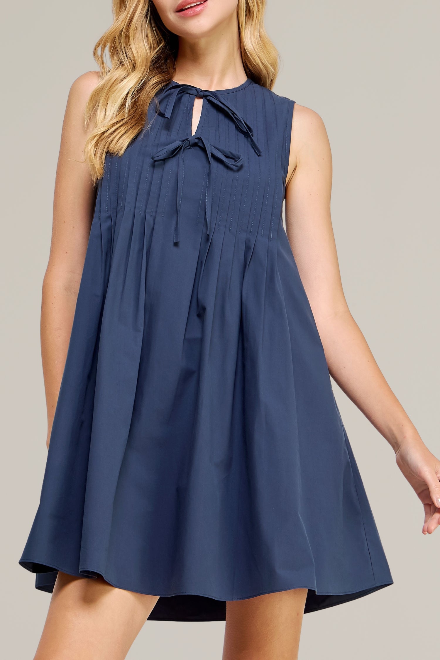 pintuck tie front poplin mini dress