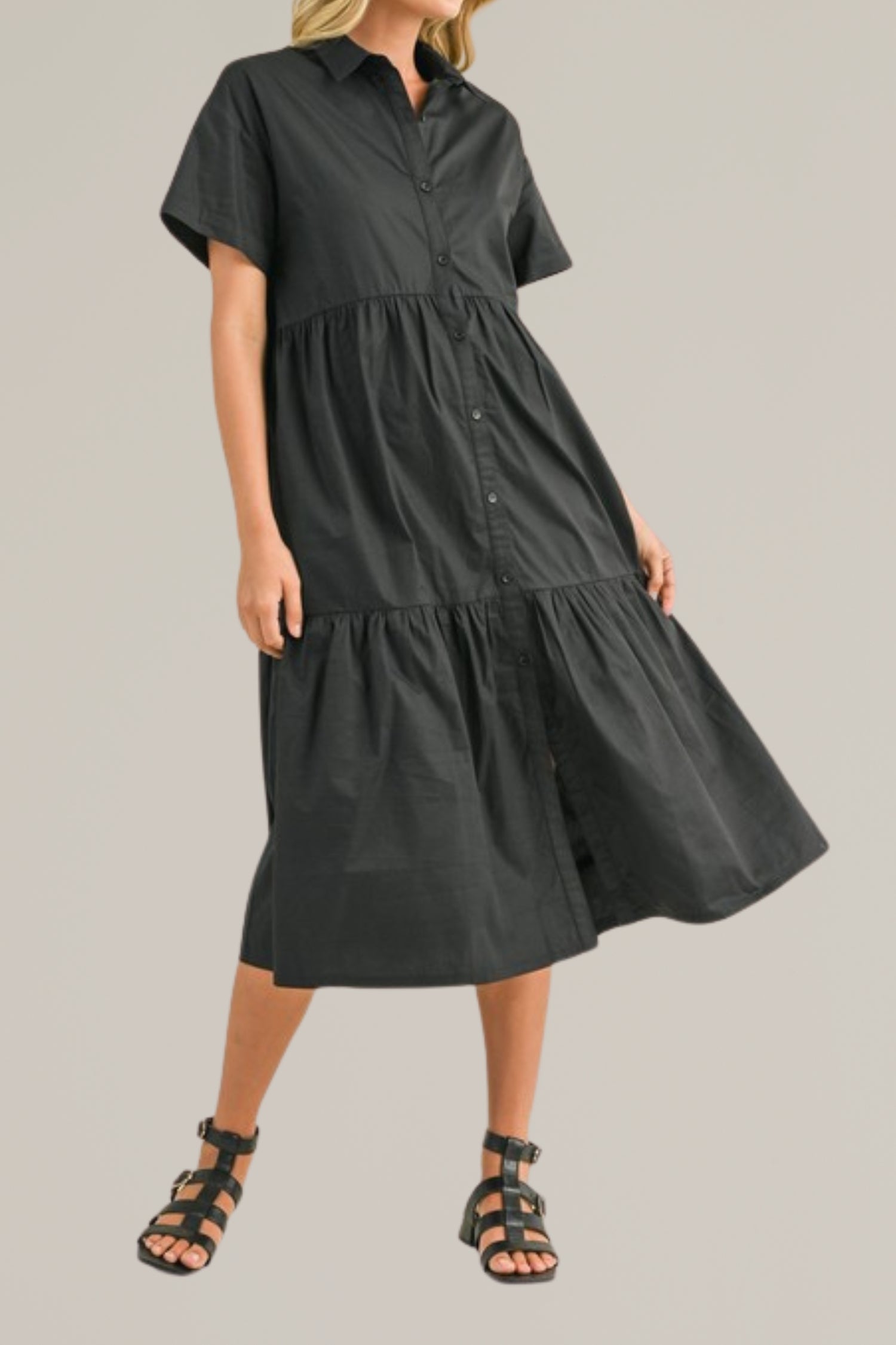 short sleeve button down tiered midi dress