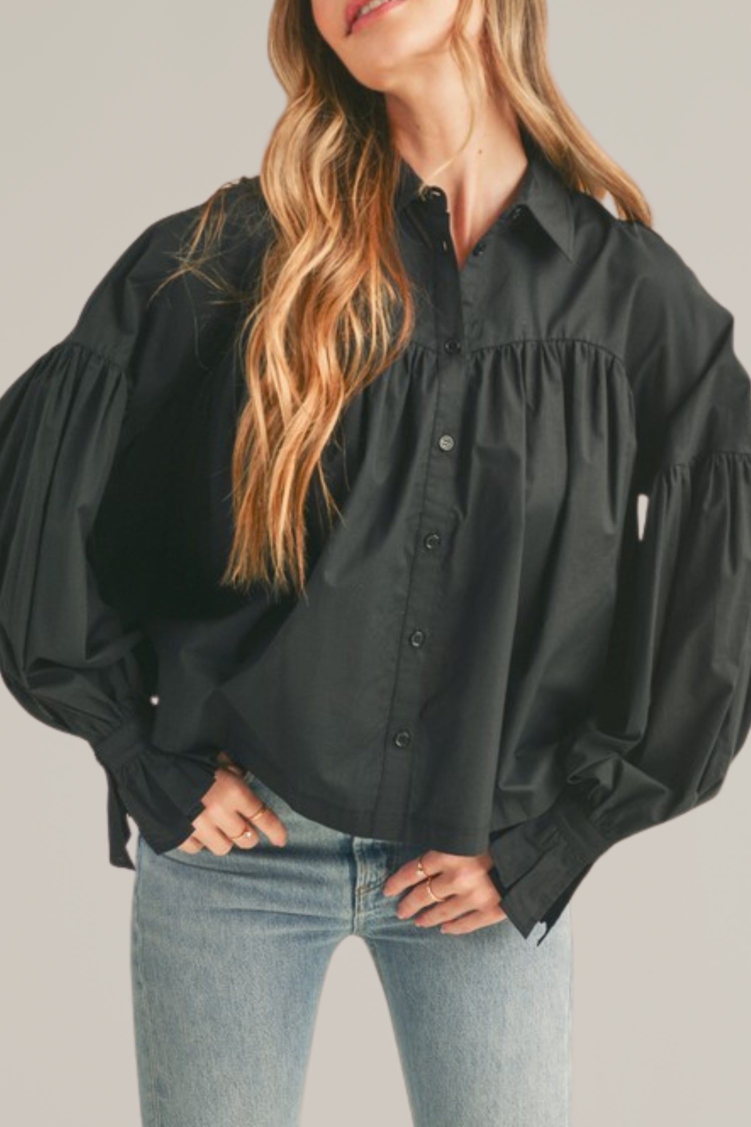 black button down babydoll top