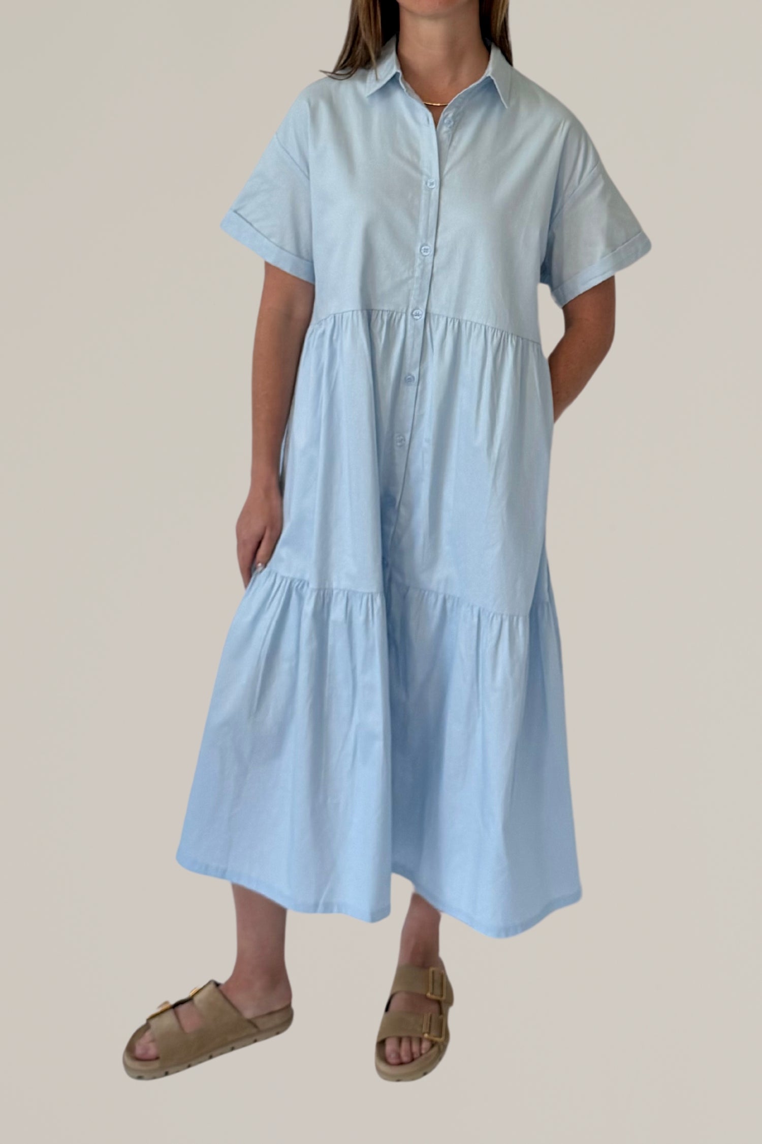 short sleeve button down tiered midi dress