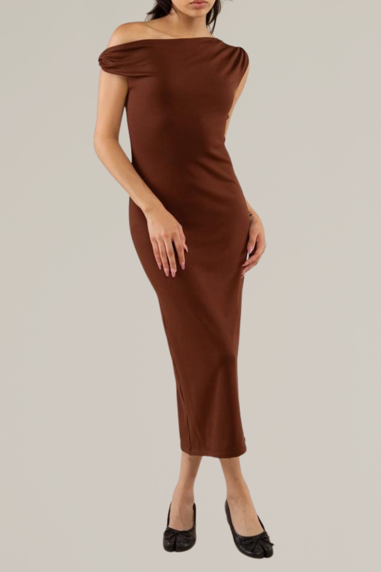 twist off shoulder midi dress