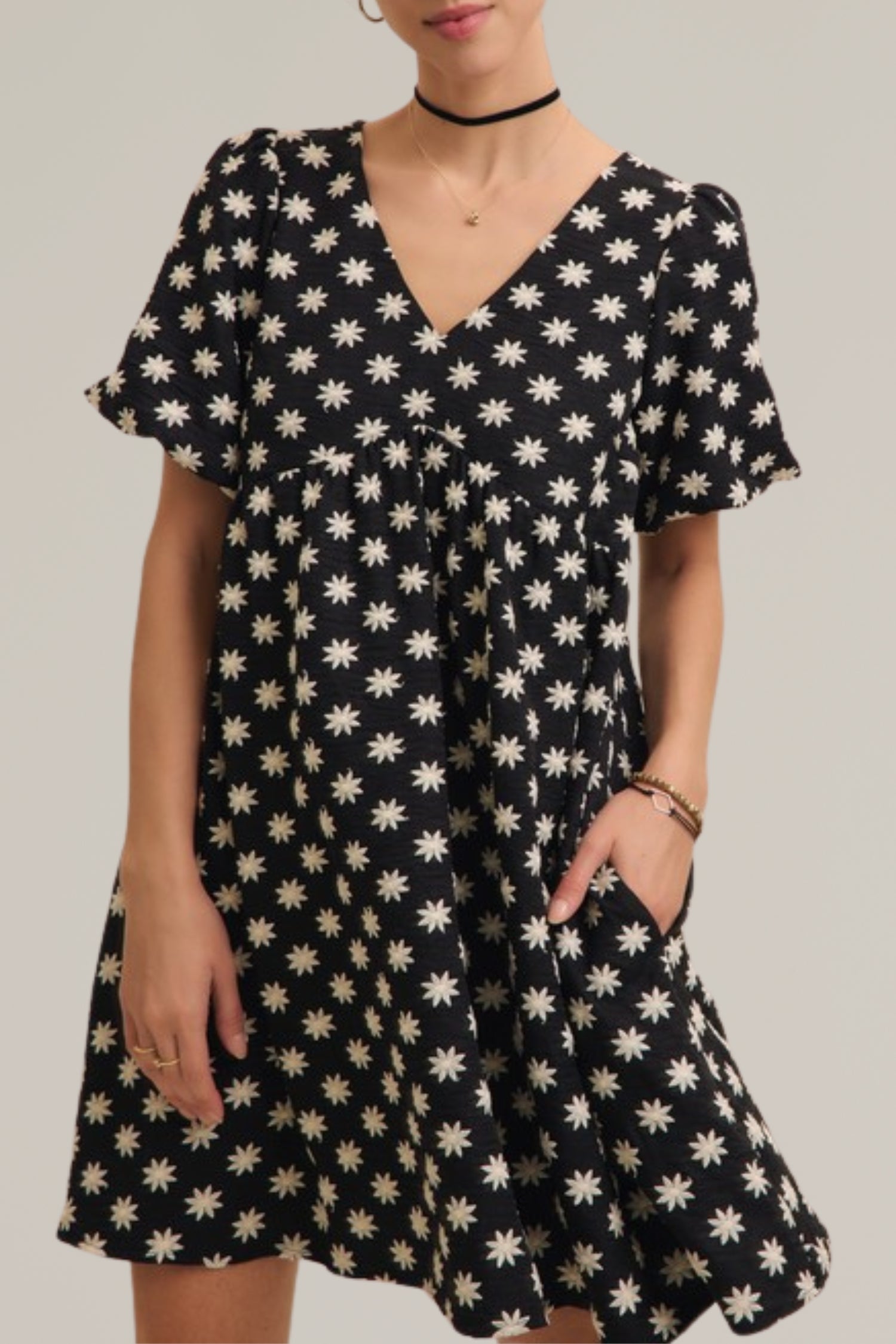 embroidered puff sleeve mini dress