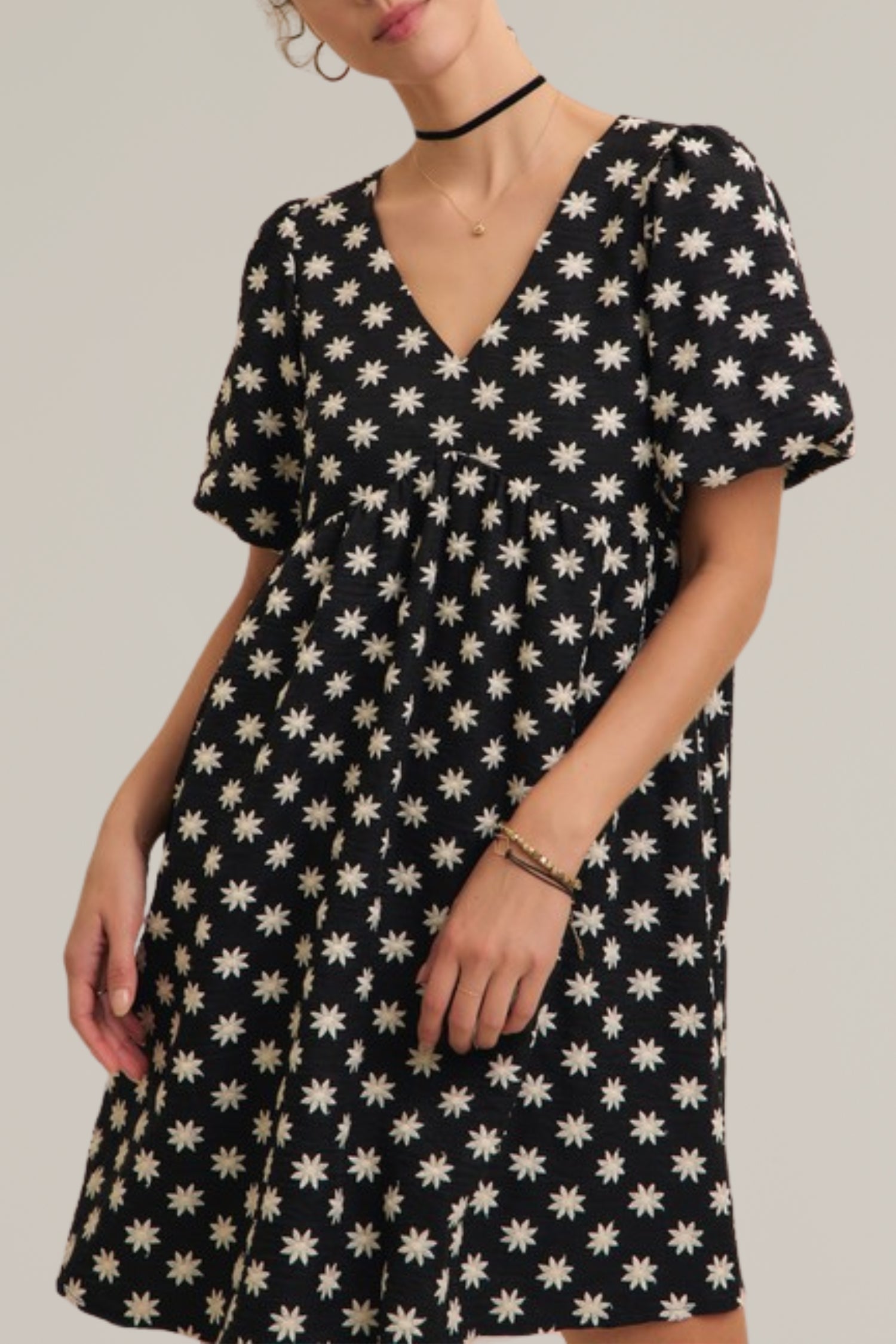 embroidered puff sleeve mini dress