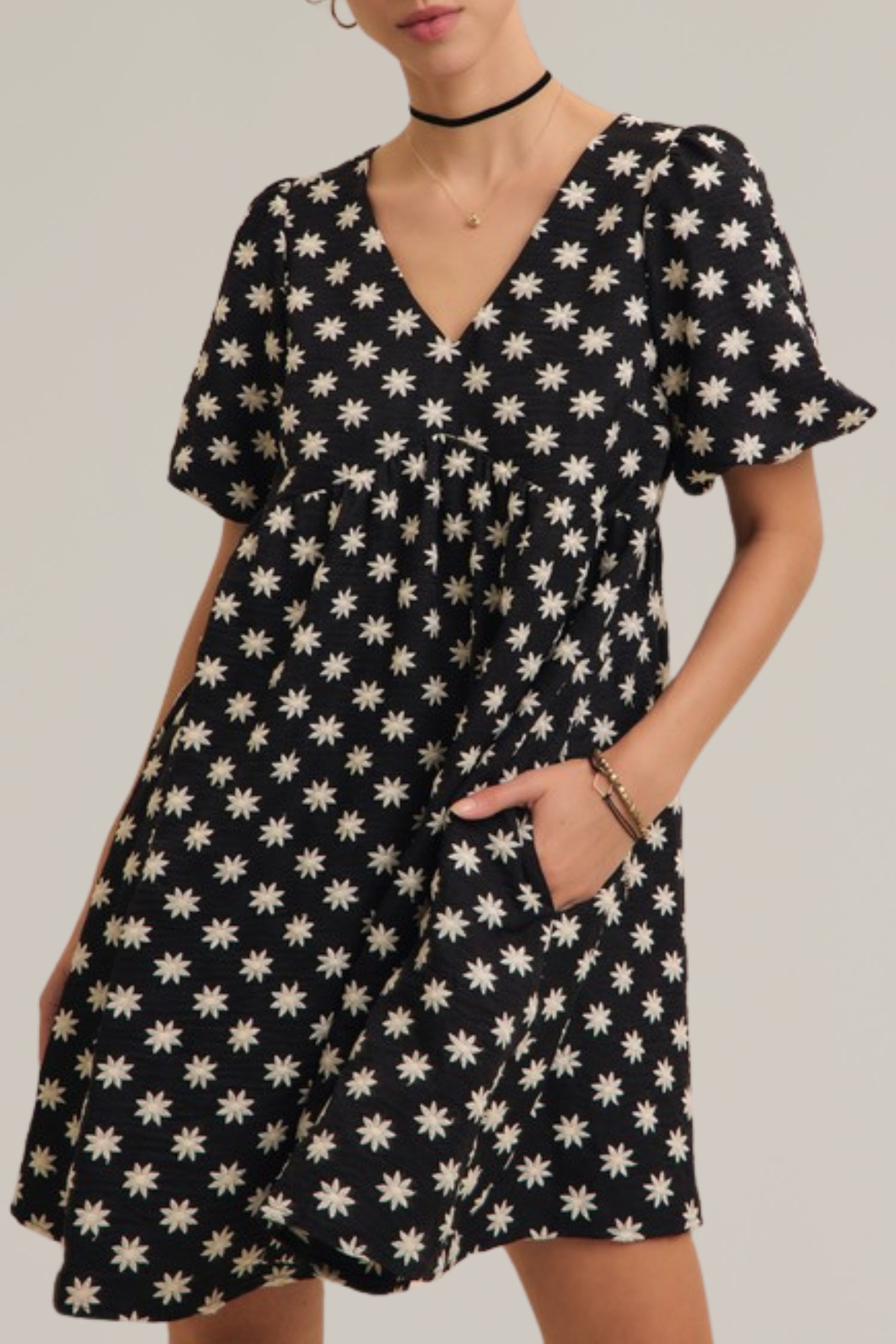 embroidered puff sleeve mini dress