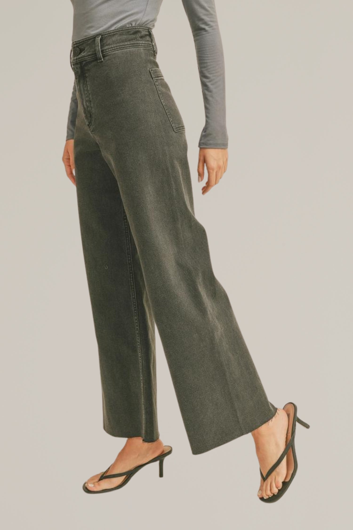 washed black wide leg cut off denim