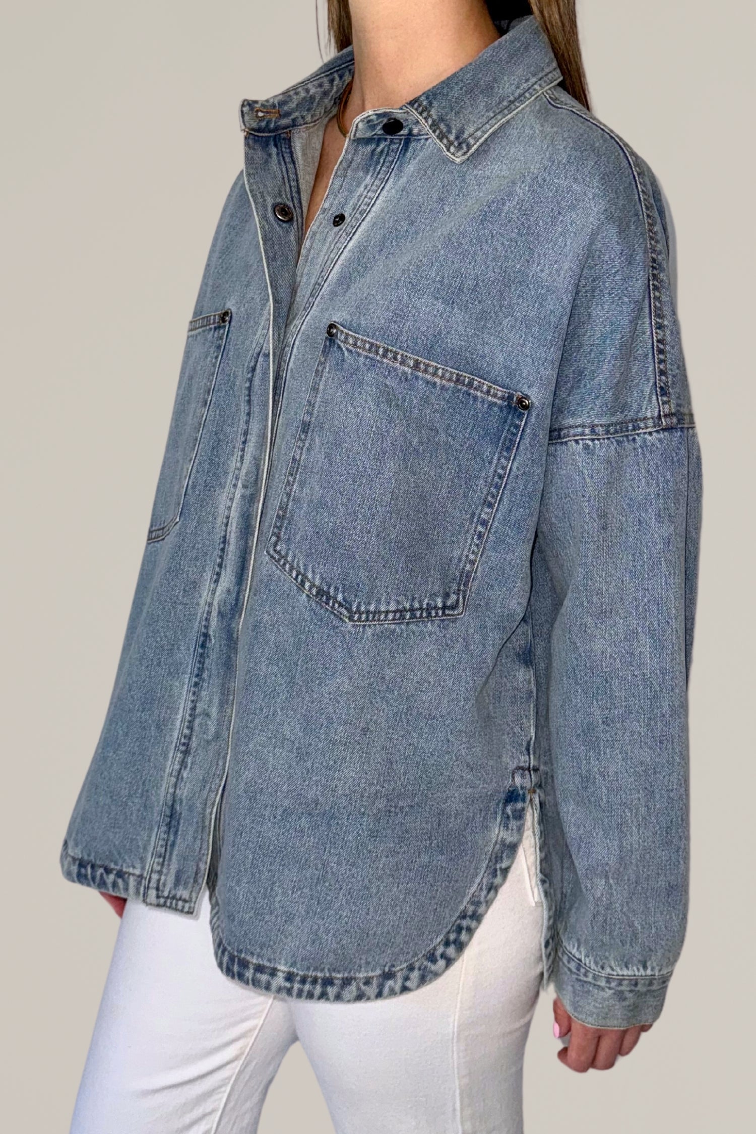 denim shacket with front pockets