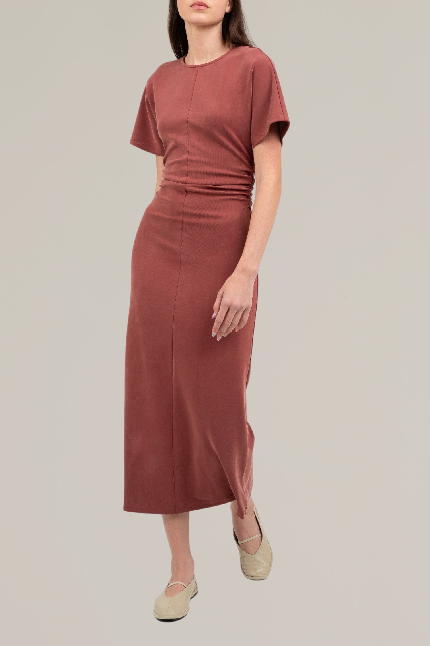 side shirred midi dress